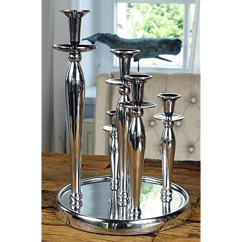 MichaelNoll Candle Holder 5 Arms Aluminium Silver Polished - Large Candle Holder on Tray - Decorative Decoration Modern Living Room - XL 31 x 31 x 44 cm