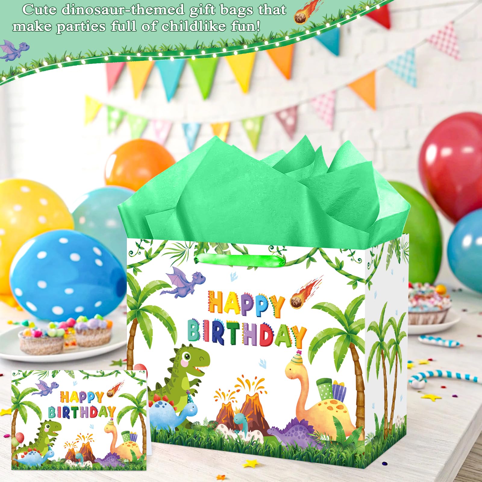 QISOLIY Dinosaur Birthday Gift Bag for Kids Boys Happy Birthday Gift Bag with Tissue Paper and Greeting Card, Cute Dino Party Favor Bag for Children, Party Present Wrapping Bag with Handle
