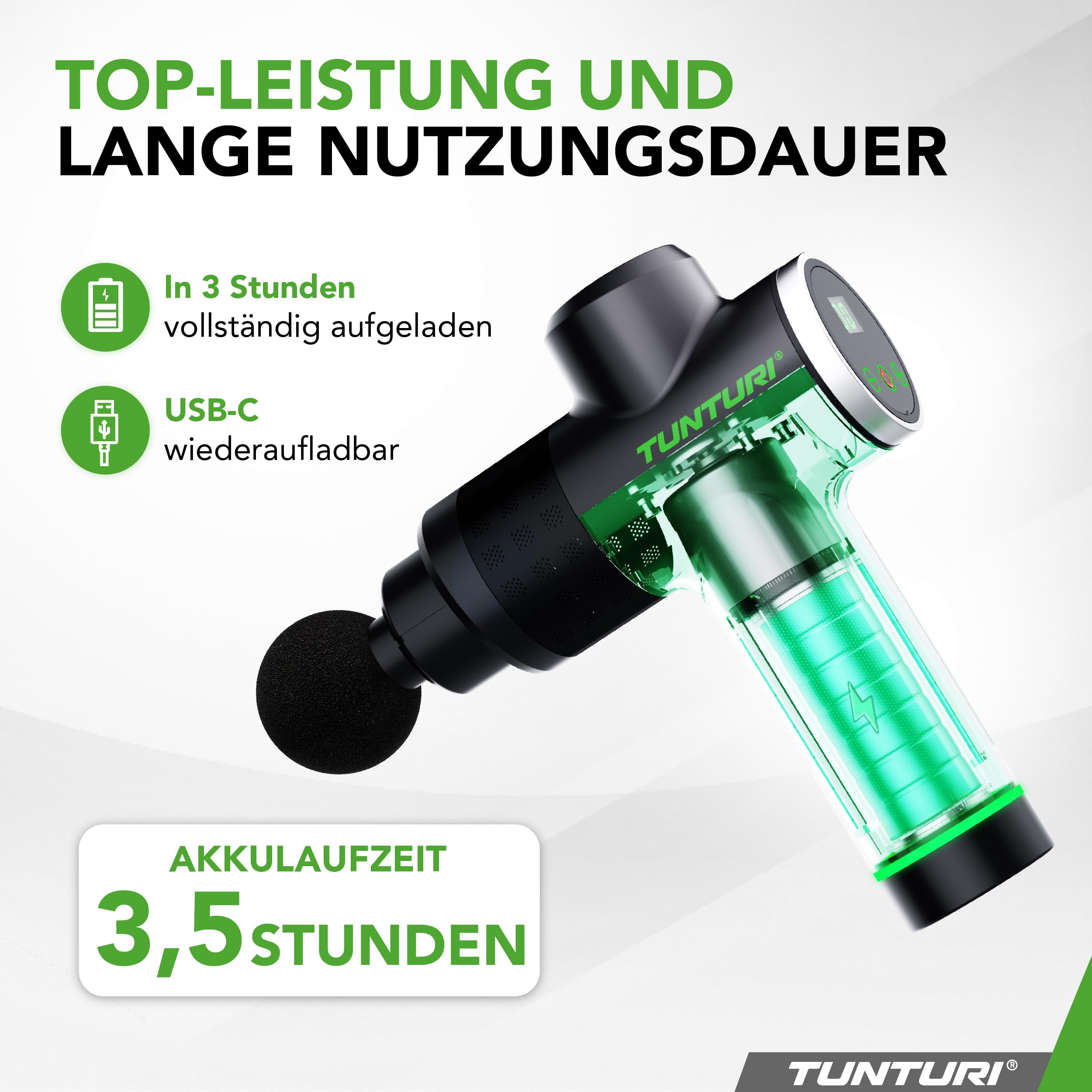 Tunturi MG40 Massagepistole – Massagegerät mit Multi-Griff – Inklusive 6 Aufsätze und Koffer – Extra kraftvoll und leise – Inkl. App