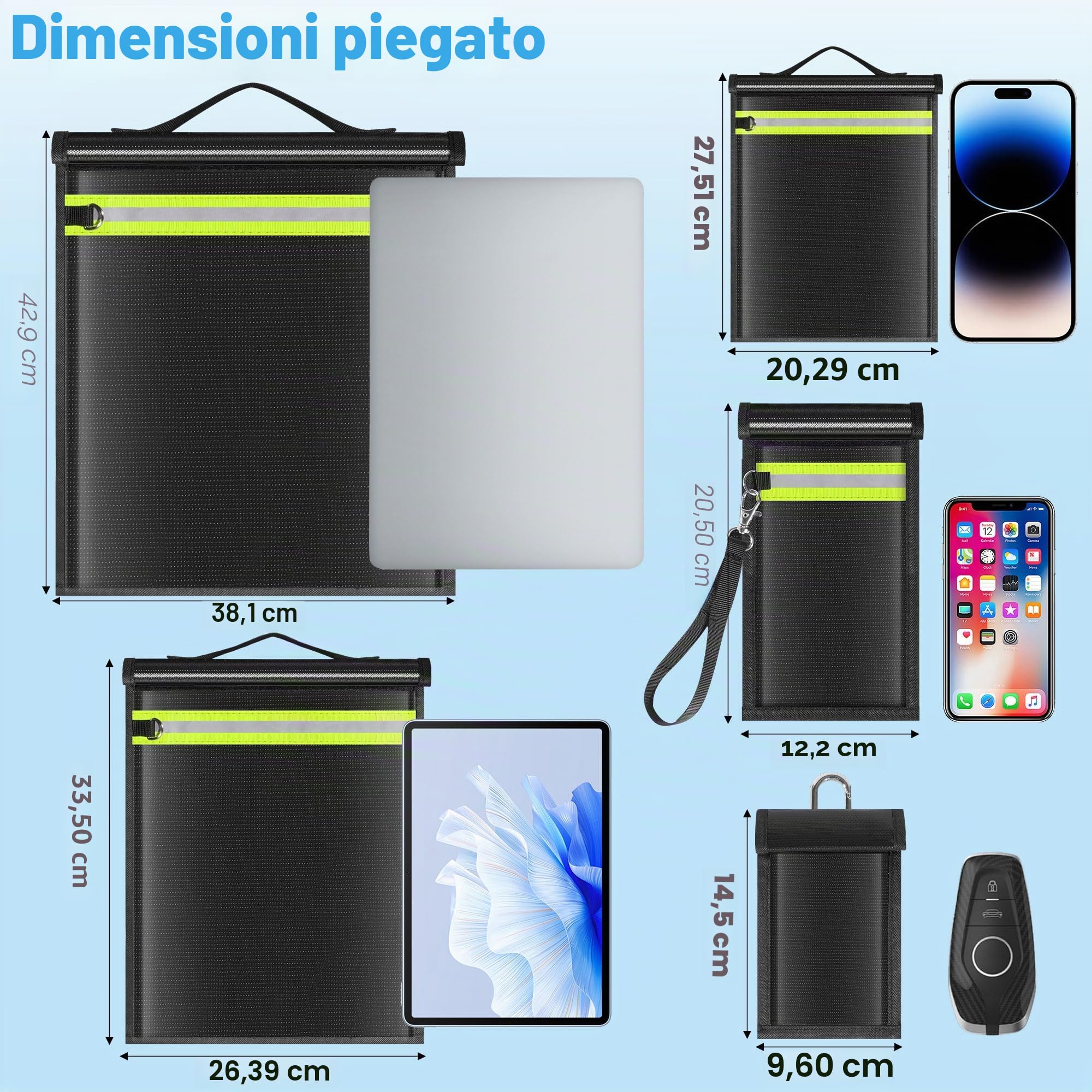 Faraday - Confezione da 5 sacchetti Faraday a prova di EMP, per computer portatili, tablet, telefoni e chiavi dell'auto, gabbia Faraday con manico e striscia riflettente, sacchetti EMP per