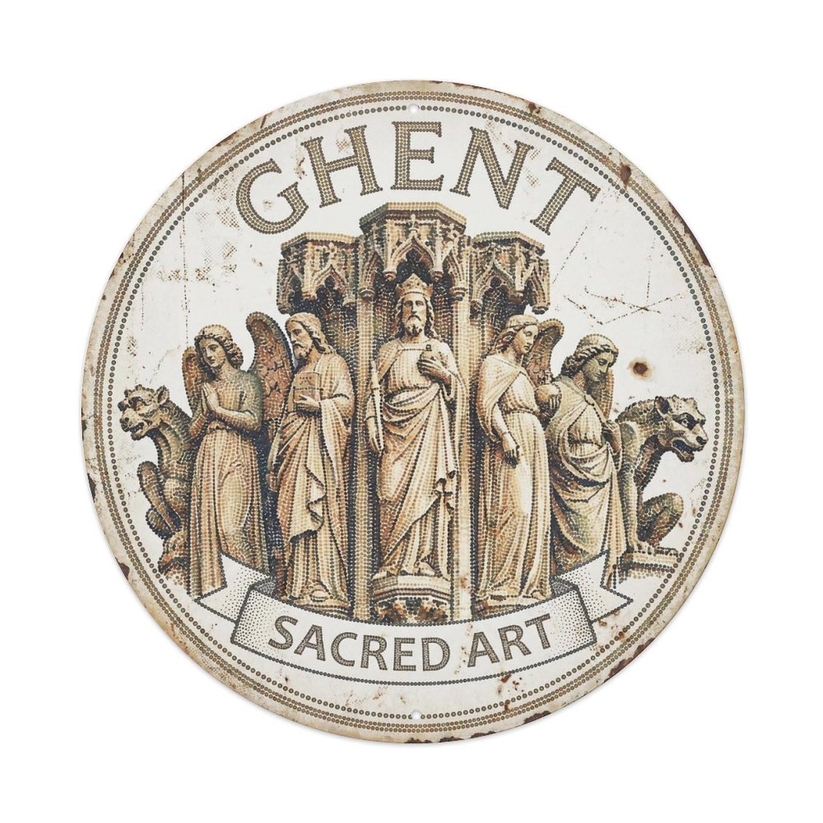 Vintage Travel Cathedral Ghent Metal Tin Sign Plaque Wall Decor for Cafe, Club, Garden Round Metal Poster 8x8Inch