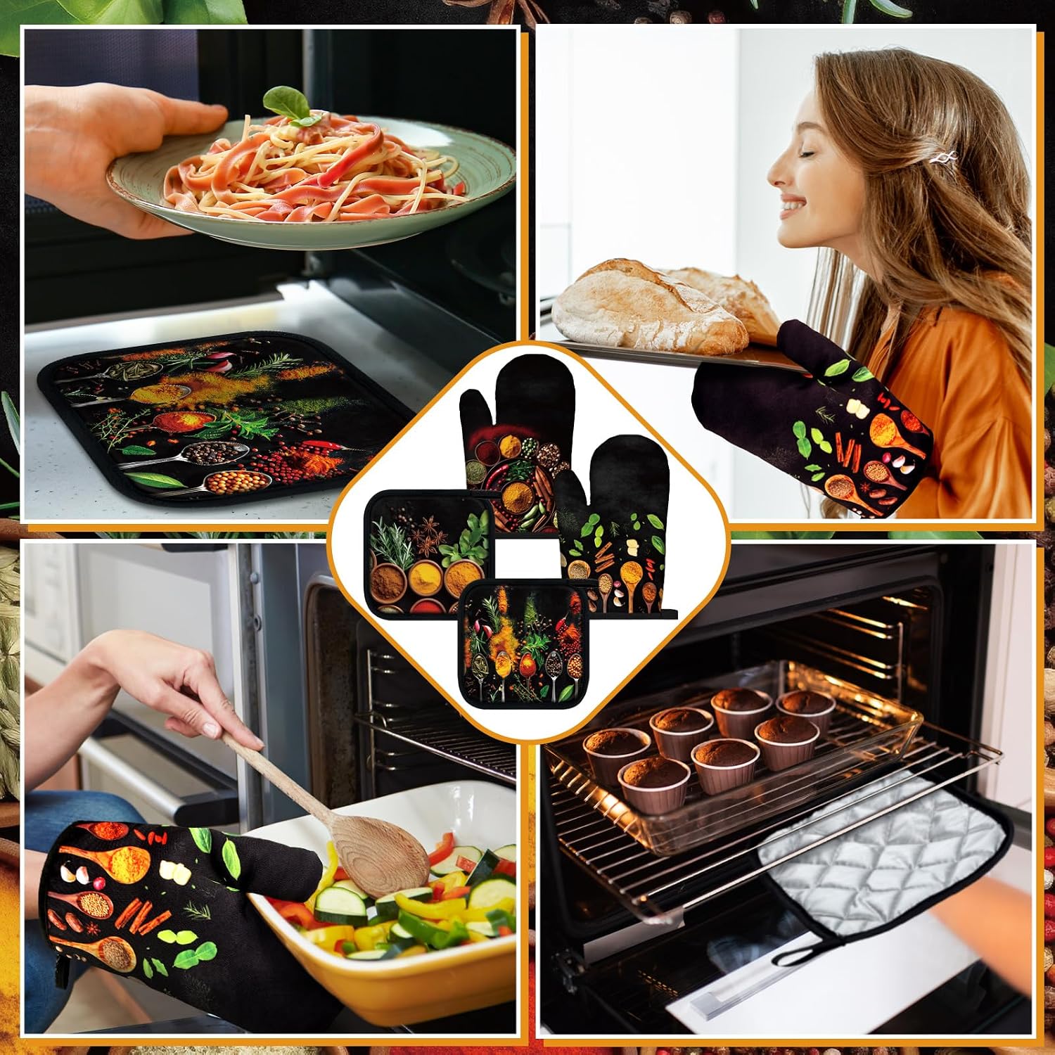 Teenyyou 8 Pcs Colorful Spices Kitchen Towels Pot Holders and Oven Mitt Set 4 Cooking Herb Dish Towels 2 Rustic Absorbent Square Potholders 2 Heat Resistant Glove for Cooking Baking Home Gifting