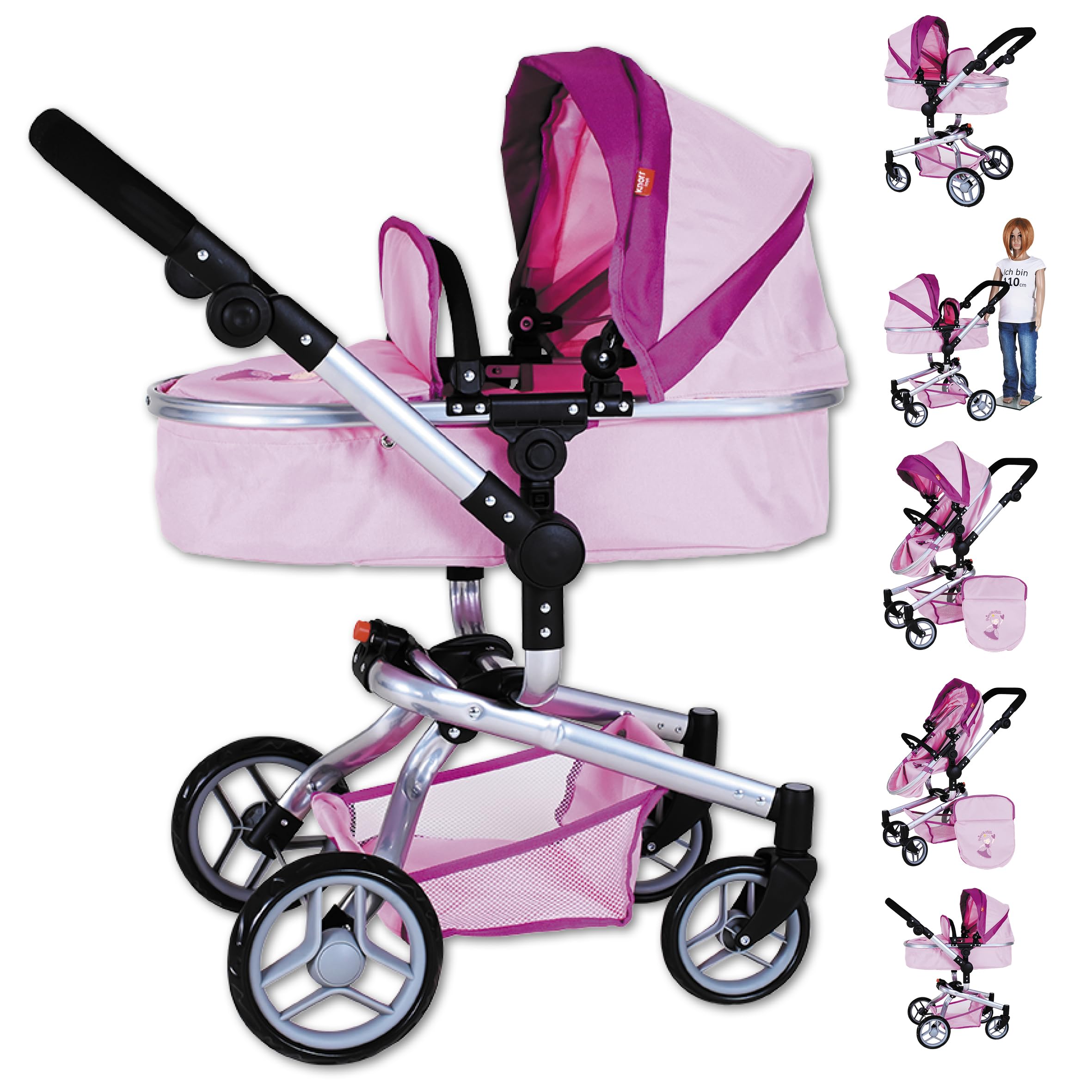 Poussette pour poupée combinée 2 en 1 Mika Rose bleu marine avec pois Poussette pour poupée combinée 2 en 1 Mika Rose bleu marine avec pois