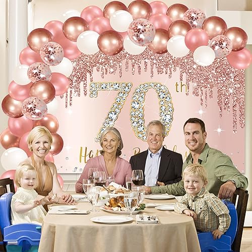 Vista 11 de Cartel de feliz cumpleaños 80 con arco de guirnalda de globos de confeti, juego de globos de oro rosa para mujer, póster rosa de cumpleaños de 80