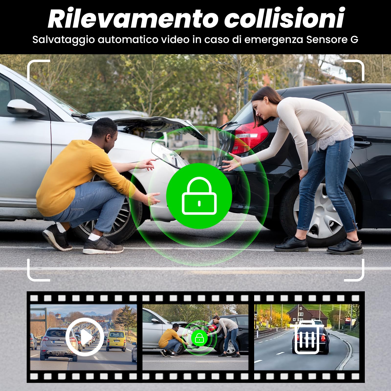 Dash Cam Auto 4K Anteriore e 2K Posteriore, WiFi 5GHz con App, G-Sensor, Registrazione in Loop, Modalità Parcheggio 24H, SD 64G