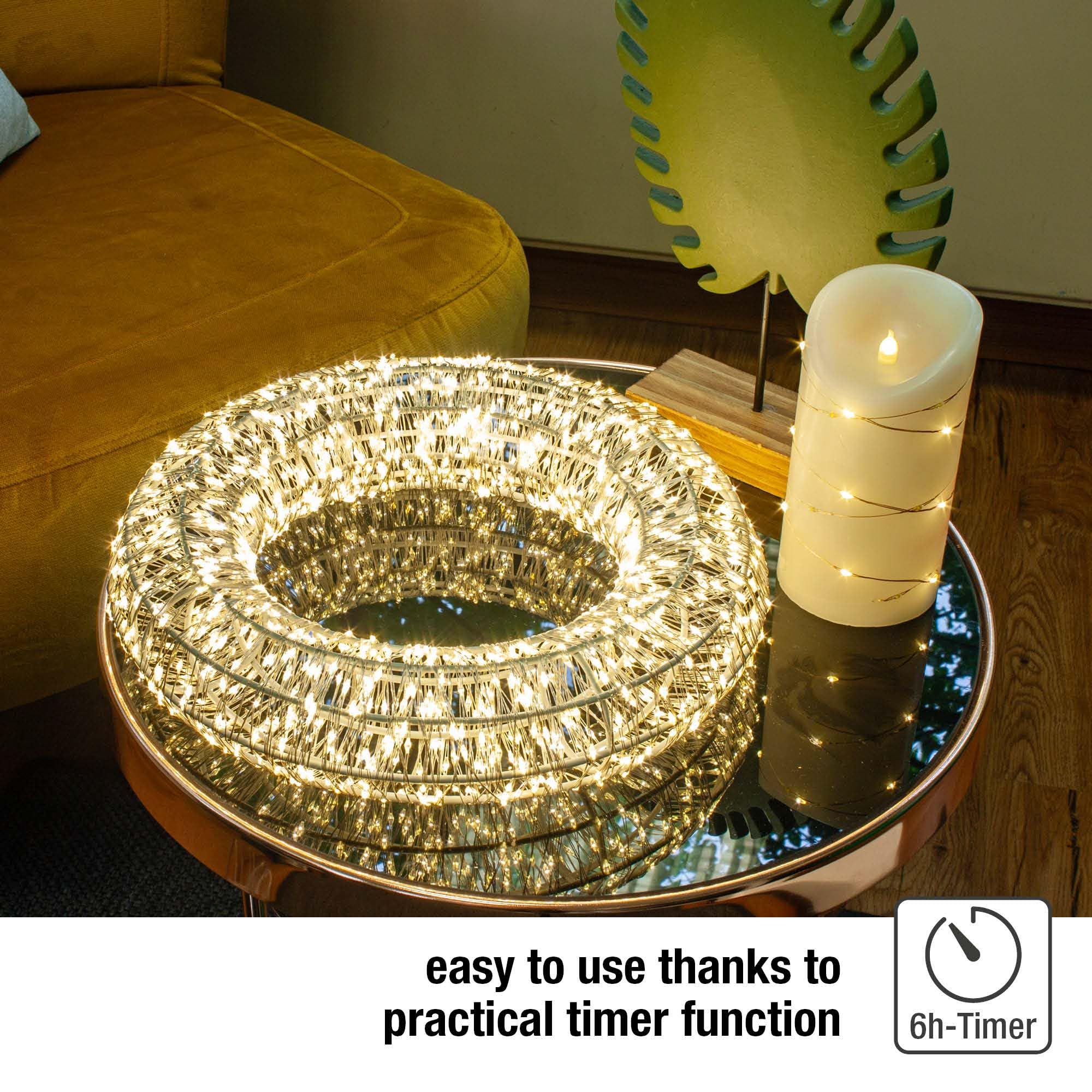 Hellum Guirnalda luminosa LED con temporizador Ø30cm, con perlas de rocío Guirnalda luminosa LED para exterior e interior 1440 luces blancas cálidas, transformador exteriors 153095