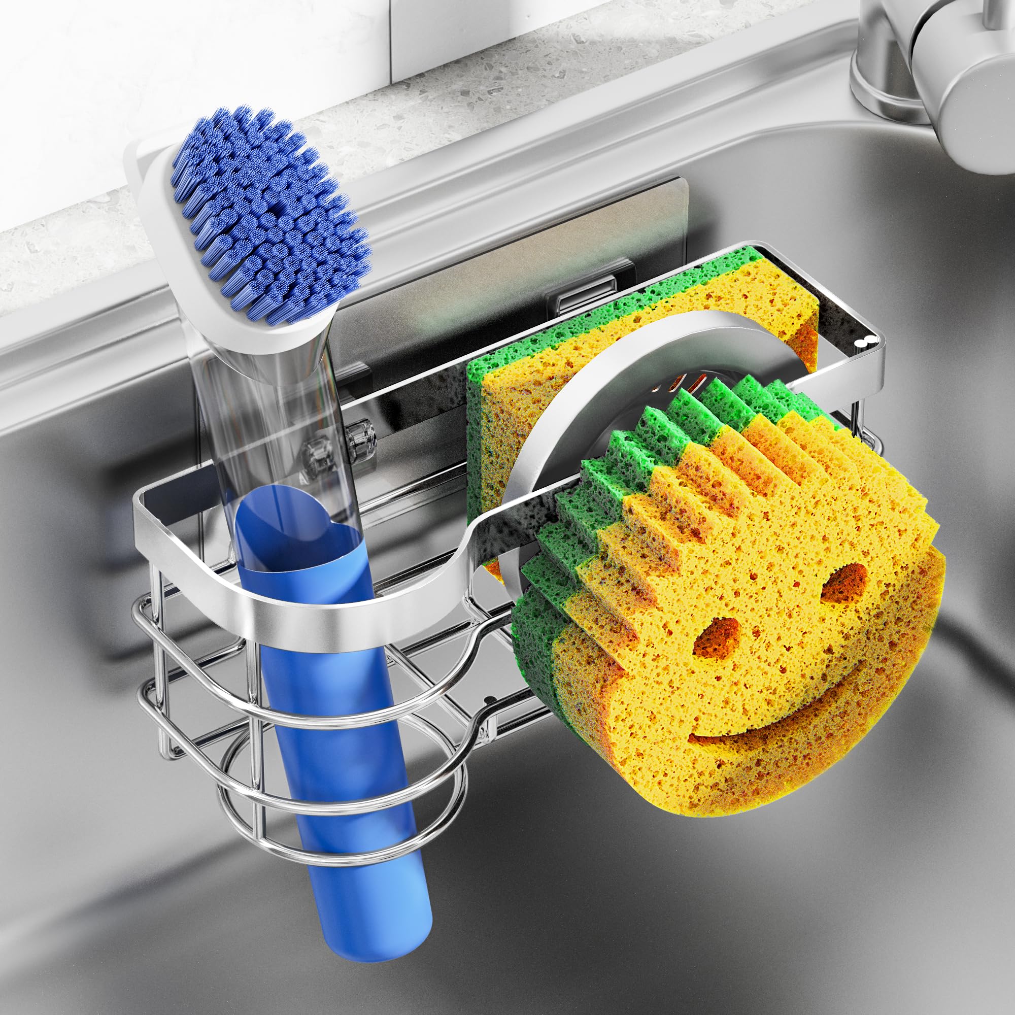 Cisily Smiley Sponge Holder for Kitchen Sink Caddy Stainless Steel Movable Brush Holder Dish Cloth Hanger Suction Cup