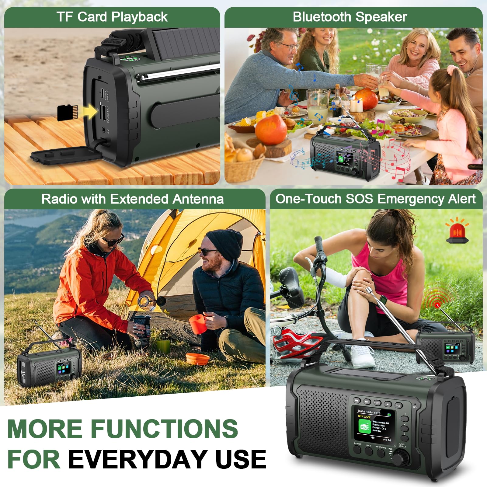Radio di Emergenza DAB+/FM 27000mAh con Powerbank – Radio Solare e a Manovella con Bluetooth 5.3, SOS, Torcia e Luce Lettura per Campeggio e Blackout（Verde militare）