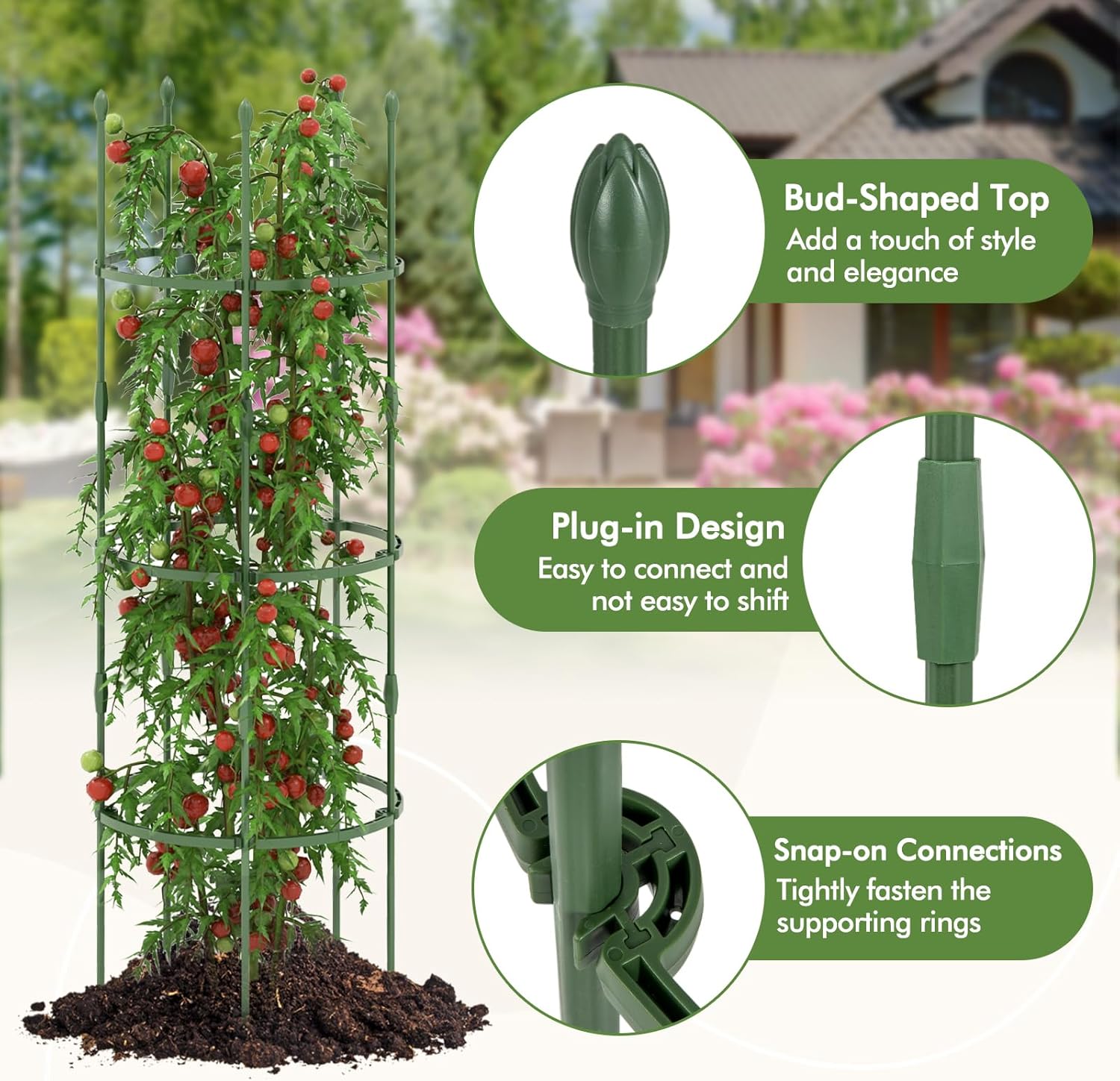 Happygrill 3-Pack Garden Tomato Trellis, Heavy-Duty Plant Stake w/Adjustable Size & 20 Plant Clips, 2-in-1 Plant Support Tomato Cage for Climbing Plants, Vines, Flowers, Potted Plants, Vegetables