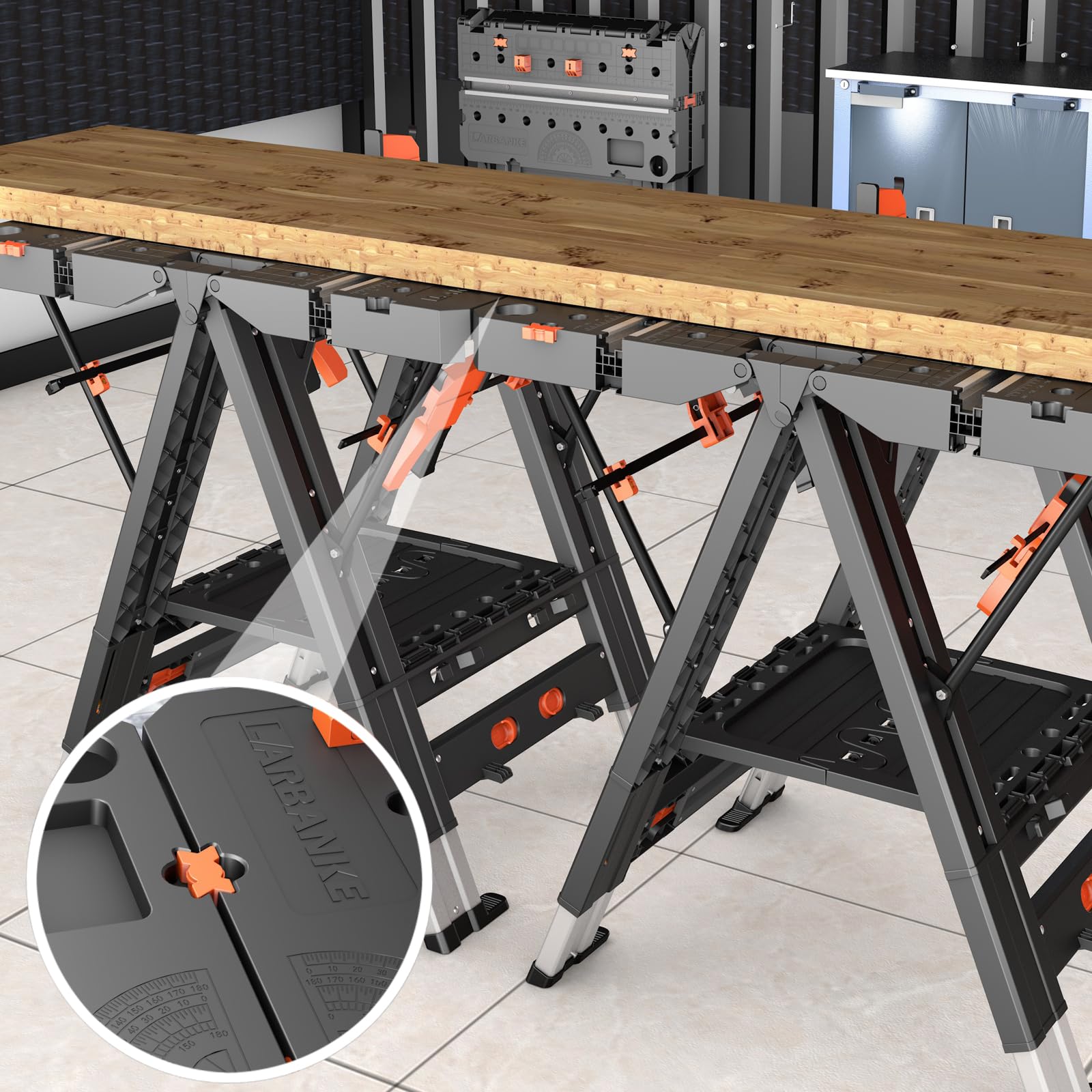 LARBANKE Banco de trabajo plegable portátil combinado,Caballete y banco de trabajo 2 en 1,Banco de trabajo impermeable con capacidad extra de carga con 8 pinzas para trabajar la madera,8 bloques de