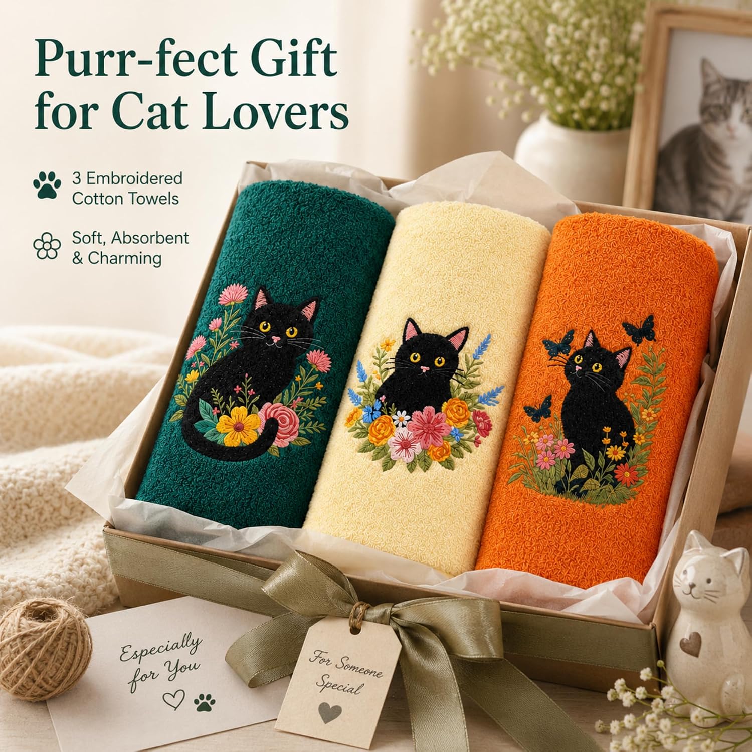 3 Pcs Black Cat Towels Funny Cotton Embroidered Hand Towels Cute Bathroom Decor Rustic Farmhouse Spring Gift for Home Bathroom Kitchen, 13.4 x 29 Inch (Green, Yellow, Orange,Floral Cat)