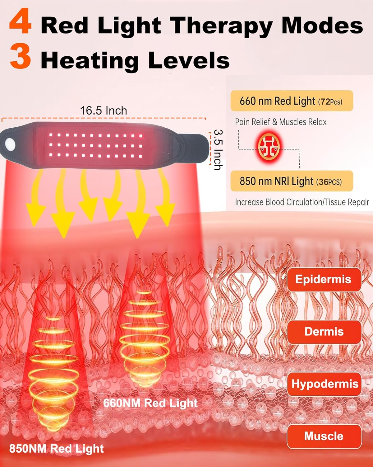 Red Light Therapy Belt for Wrist Hands, 660nm & 850nm Near-nfrared Light Therapy Wrist Belt with Heat, Flexible Arm Band for Stroke Hemiplegia Carpal Tunnel, Muscle Stiffness & Joint Pain Relief - Image 3