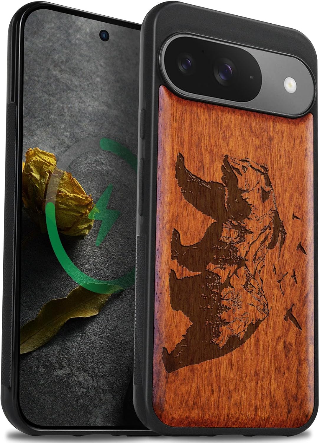 Carveit Magnetic Wooden Case for Google Pixel 9 Case, Wood Artisan Engraved & Soft TPU Shockproof Cover, Compatible with MagSafe Wireless Chargers (Bear and Valleys) Rosy