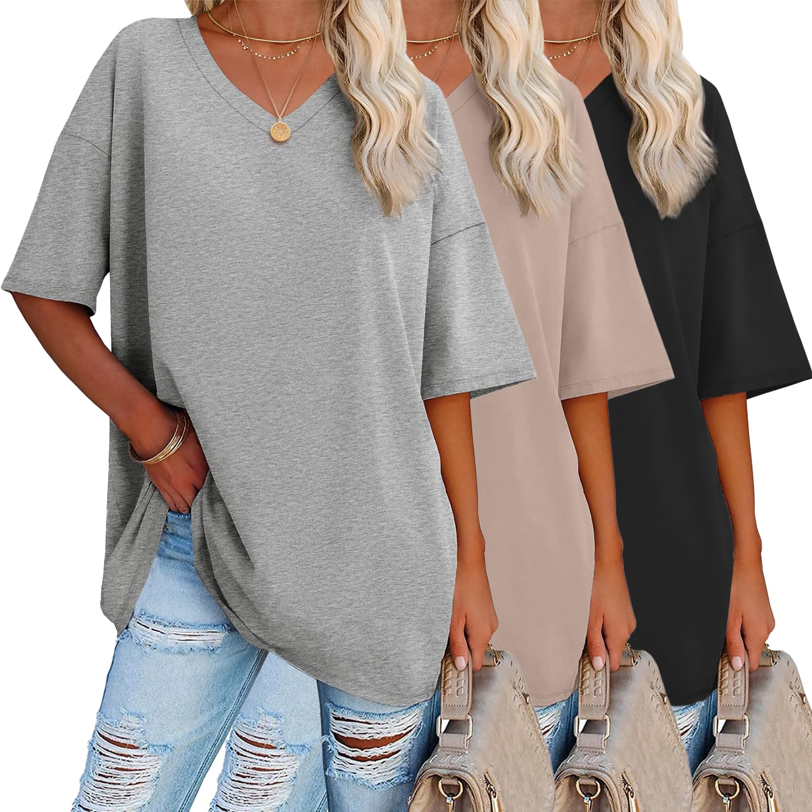 INIBUD Women Summer Oversized T-Shirts V Neck Business Casual Gym Workout Beach Vacation Tops Tee Shirt Red Small