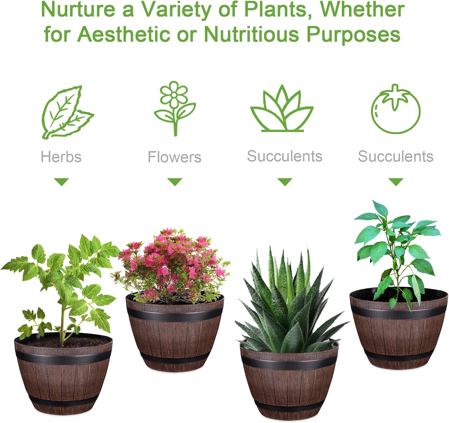 VECELO Plant Pots with Drainage Holes & Saucer, 13 Inch Flower Pots with Tray, 3 Pack Plastic Whiskey Barrel Planters for Indoor & Outdoor Garden Home Plants and Flowers