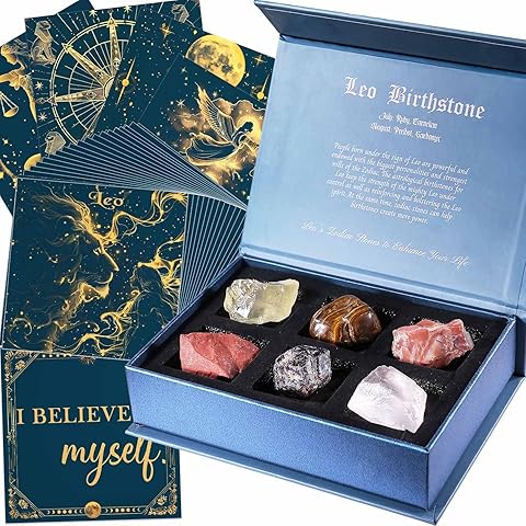 Faivykyd Leo Crystals Gifts for Women, 6 Leo Zodiac Healing Stones w/ 50 Miracle Mantras Affirmation Cards, Spiritual Gifts for Positive Energy, Self-Care, Love & Wealth