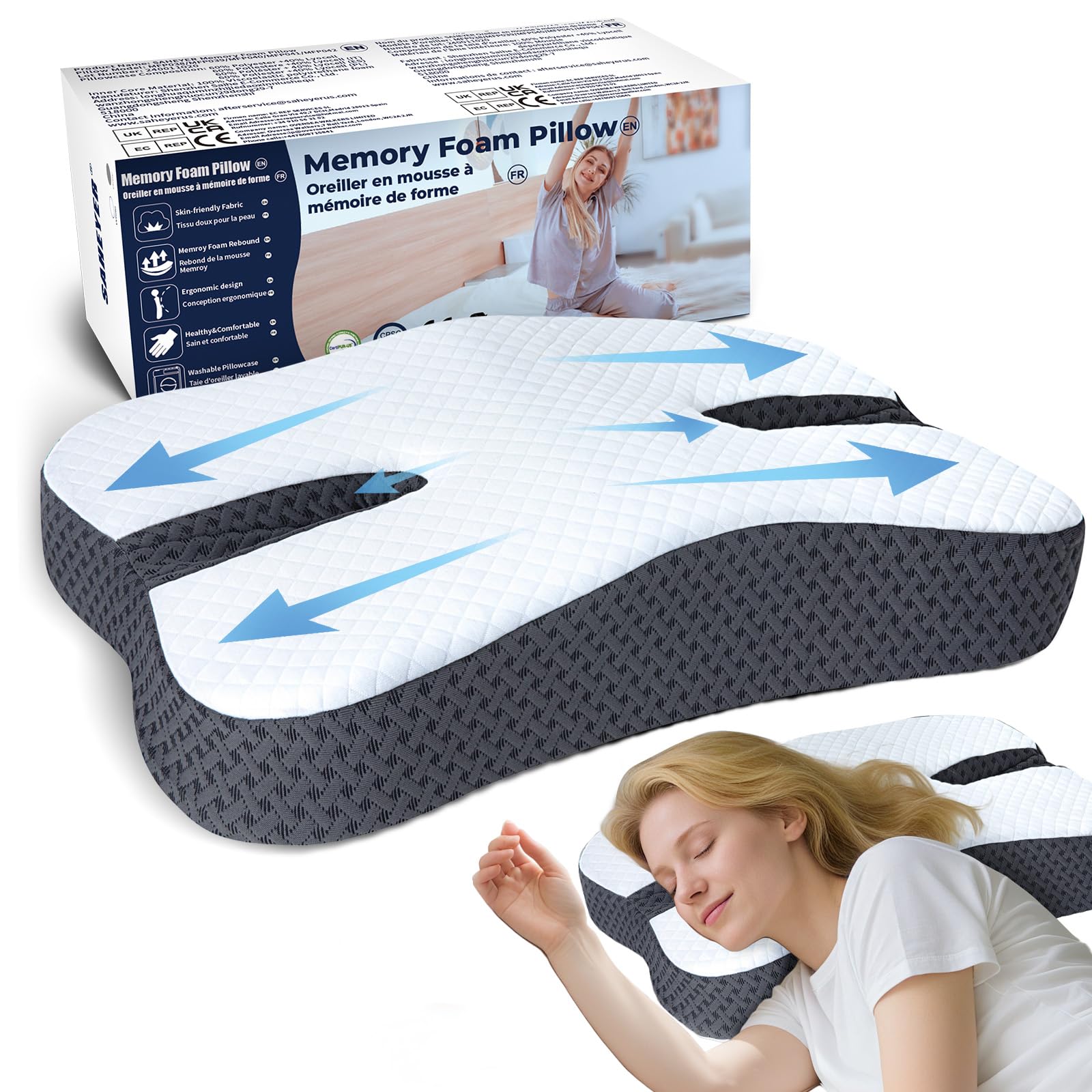SAHEYER Poduszka przeciw chrapaniu dla osób śpiących na boku, poduszka z pianki z pamięcią kształtu, ergonomiczna poduszka podpierająca kark, poduszka zapobiegająca snoringowi, szara