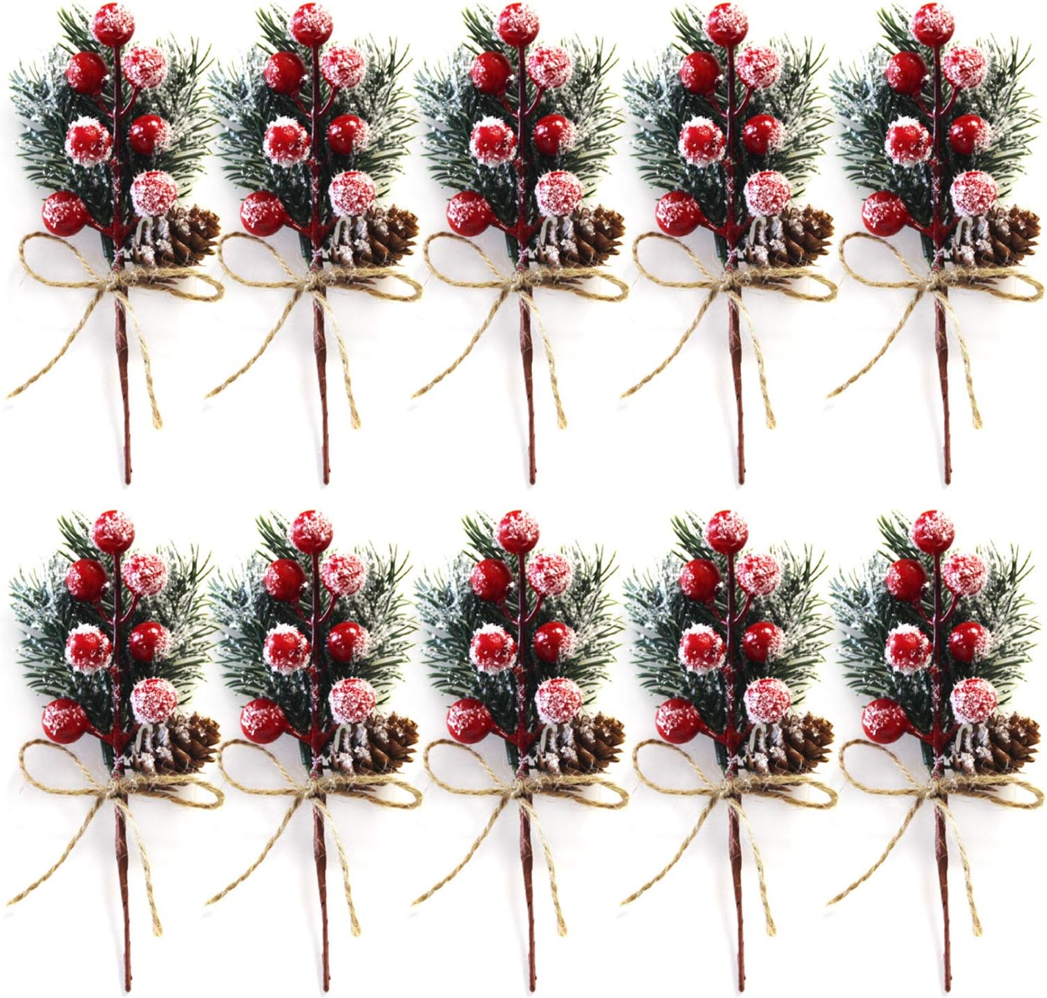 Artificial Red Berry Branches 10 Pack 6 Inch Christmas Picks Spray Artificial Pine Cones Holly Stem Craft, Winter Holiday Floral Picks for Crafts Xmas Tree Ornaments