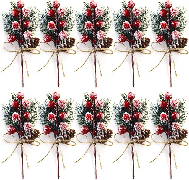 Yumfoz Artificial Red Berry Branches 10 Pack 6 Inch Christmas Picks Spray Artificial Pine Cones Holly Stem Craft, Winter Holiday Floral Picks for Crafts Xmas Tree Ornaments