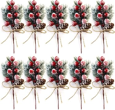 Artificial Red Berry Stems Pine Branches with Twine Bow,Christmas Pine Picks Fake Red Berry Wreath Picks, Christmas Trees Decoration Bouquets Garland Wreath Arrangements for Holiday Decor10 Pack/red