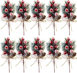 Artificial Red Berry Stems Pine Branches with Twine Bow,Christmas Pine Picks Fake Red Berry Wreath Picks, Christmas Trees Decoration Bouquets Garland Wreath Arrangements for Holiday Decor(20 Pack/red)