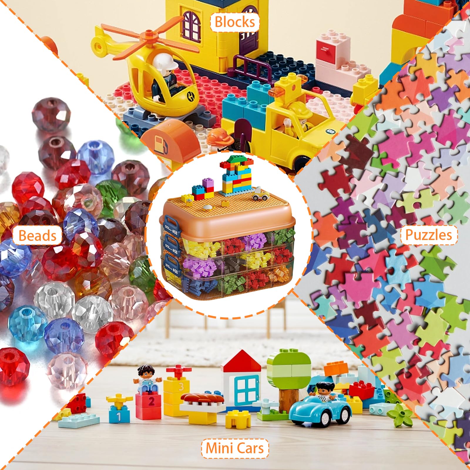Organizador de almacenamiento para Lego, caja de almacenamiento apilable de 3 capas con tapa de placa base y compartimentos ajustables, organizador de juguetes para bloques de construcción