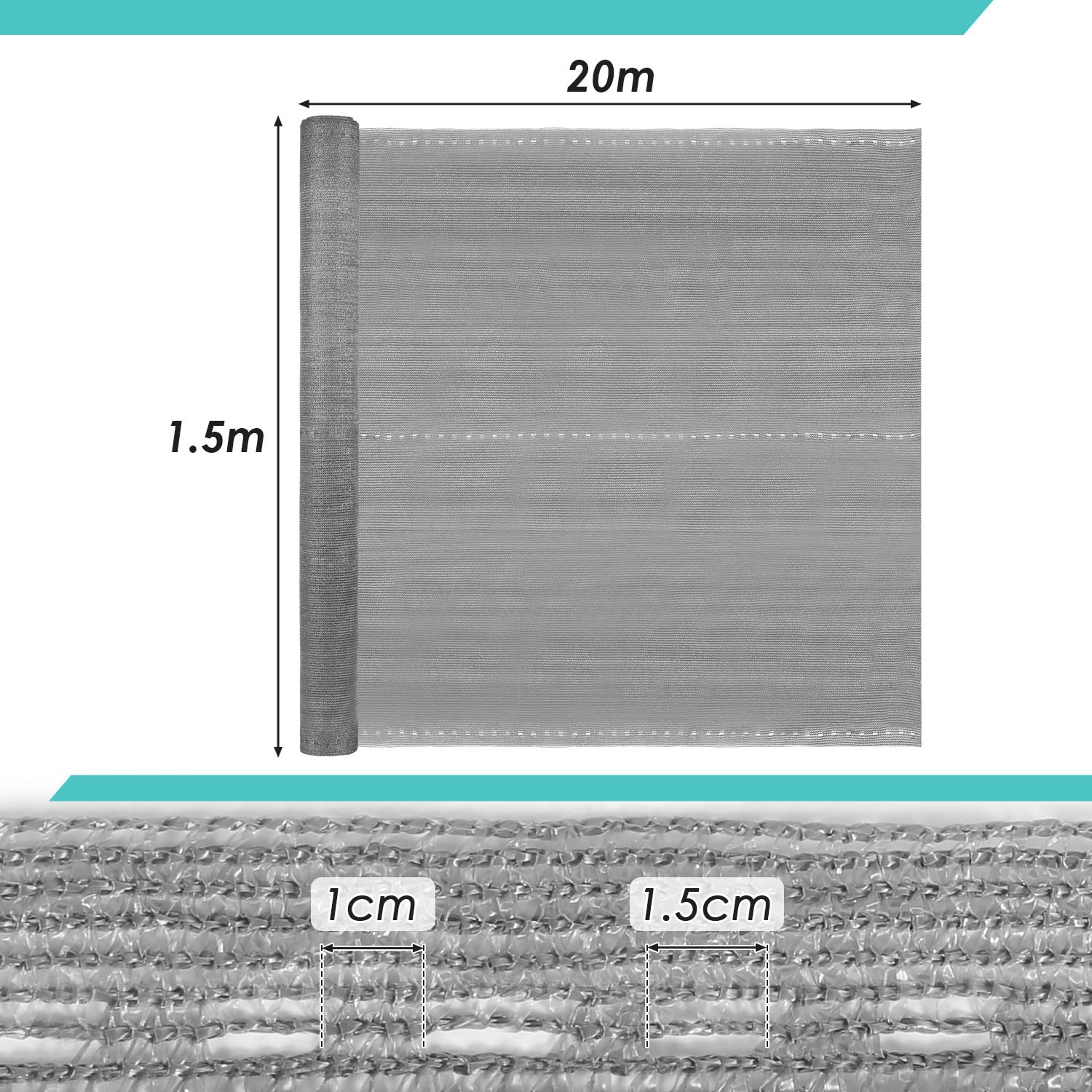 Osłona przed wzrokiem, ogrodzenie 1,5 x 20 m, ochrona przed wiatrem, balkon, do ogrodu, HDPE 150 g/m², nieprzezroczysta siatka ogrodzeniowa z oczkami, wzmocniona krawędź, odporna na