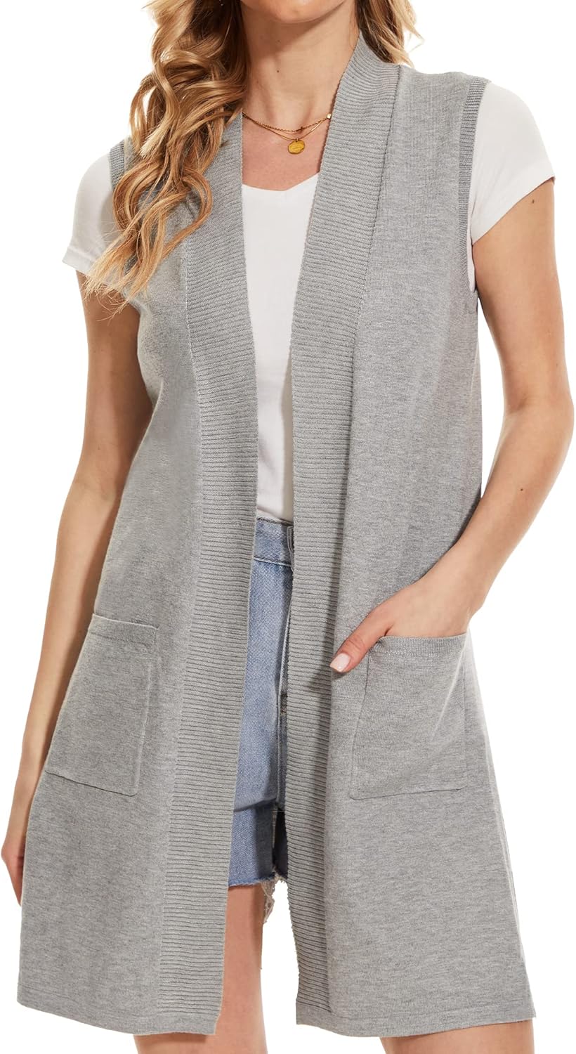 Beautiful Nomad Sleeveless Cardigans for Women Long Sweater Vest Jacket Ribbed Outerwear Coat with Pockets - Image 3