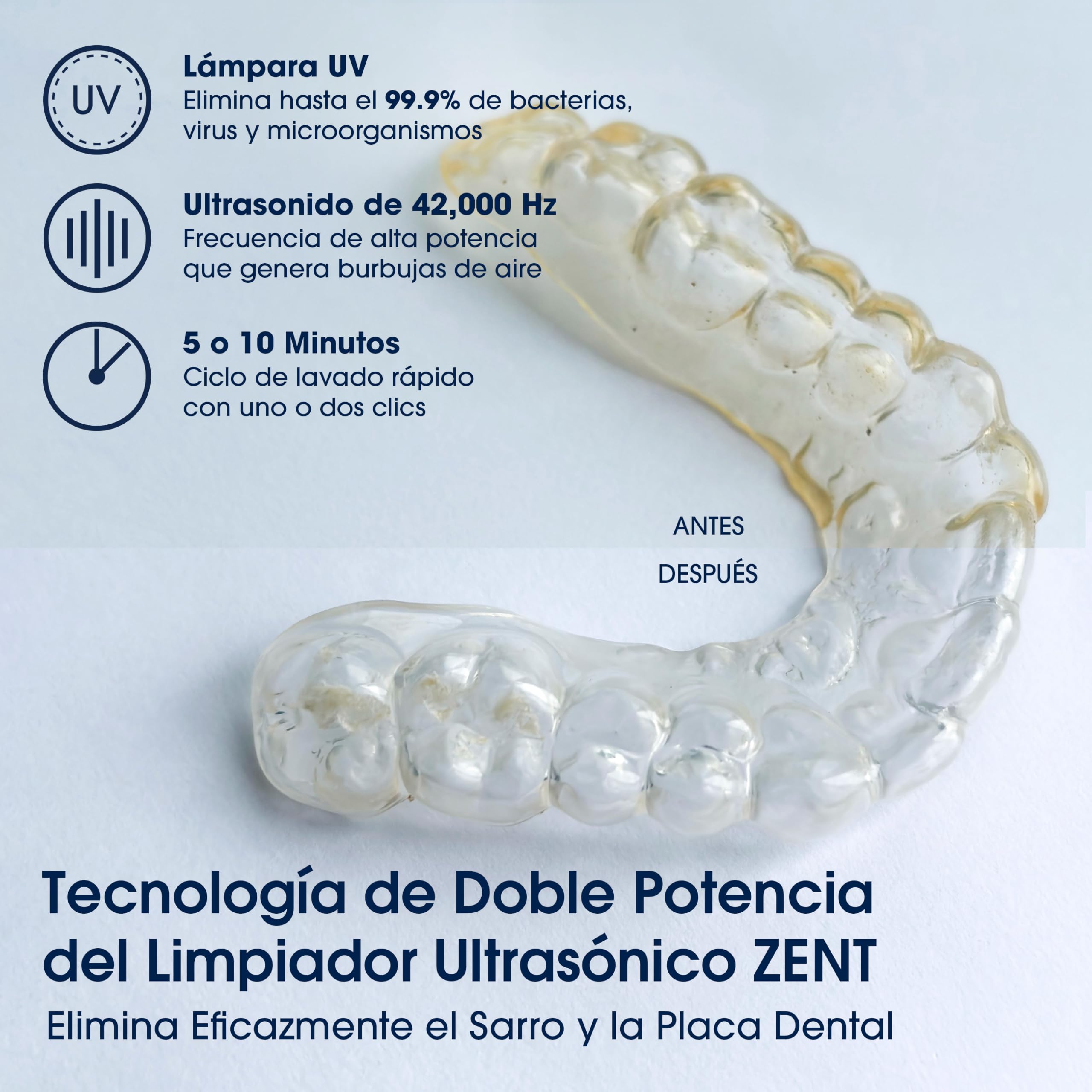 ZENT Ultrasonic Cleaner 42 kHz Limpiador ultrasonidos dental compacto, Desinfección con lámpara UV, para Prótesis dentales Joyas Alineadores ortodónticos plata, Limpieza rápida - solo 5 minutos, 0.2l