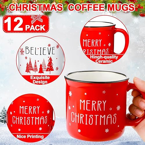 Miniatura 3 de ZOIIWA Juego de 12 tazas de café de Navidad con cinta roja a cuadros para fiestas de vacaciones, tazas de cerámica para regalo de Navidad,