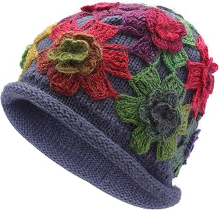 ZLYC Women's Knit Beanie Hat Soft Crochet Hat with Flower Accent | 1920 1930-tal vintage hatt, handgjord blomaccent, lätt varm, elegant och elegant, lämplig för höst och vinter