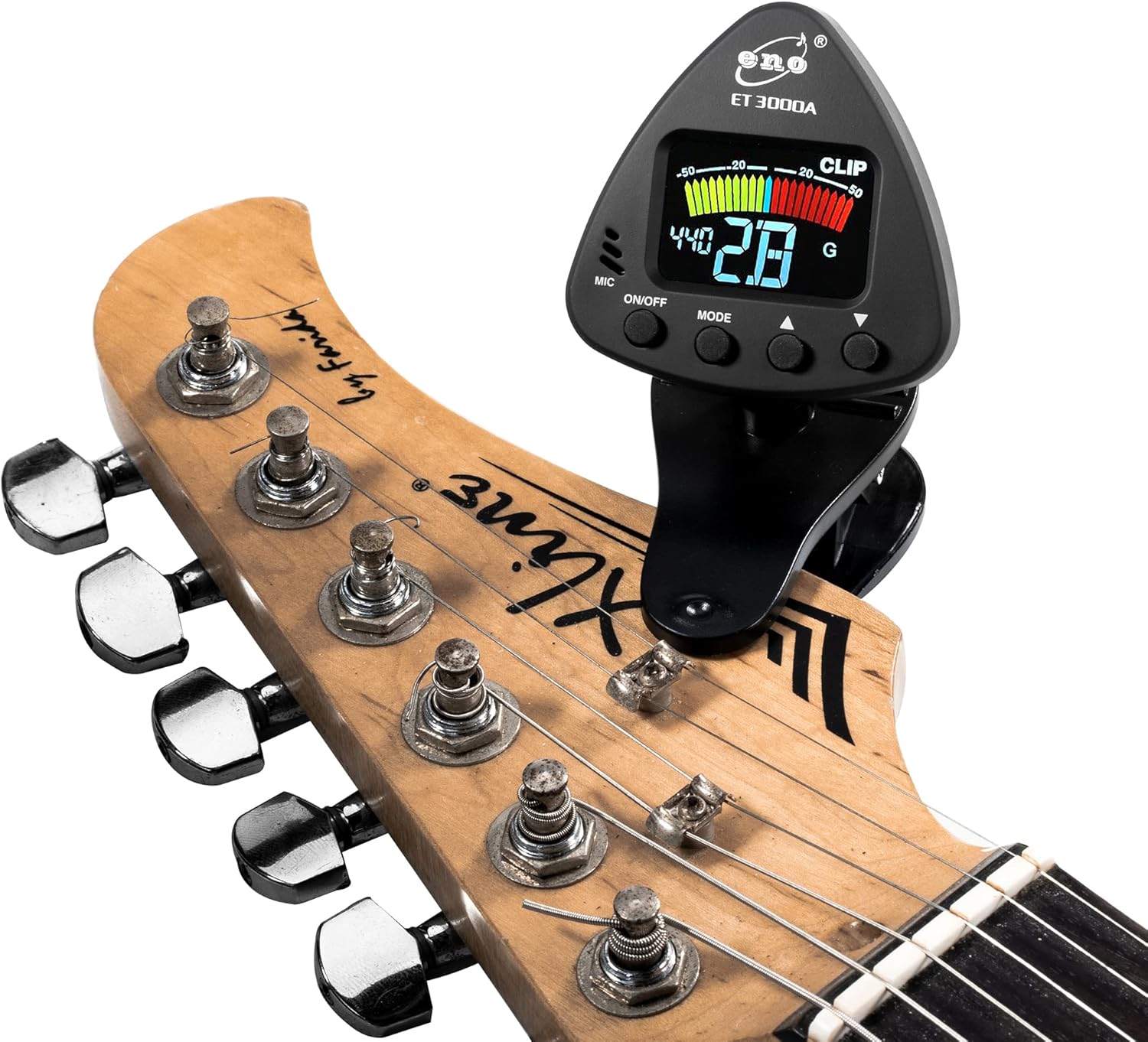 ENO MUSIC ET-3000A Clip-on Tuner attached to a guitar headstock