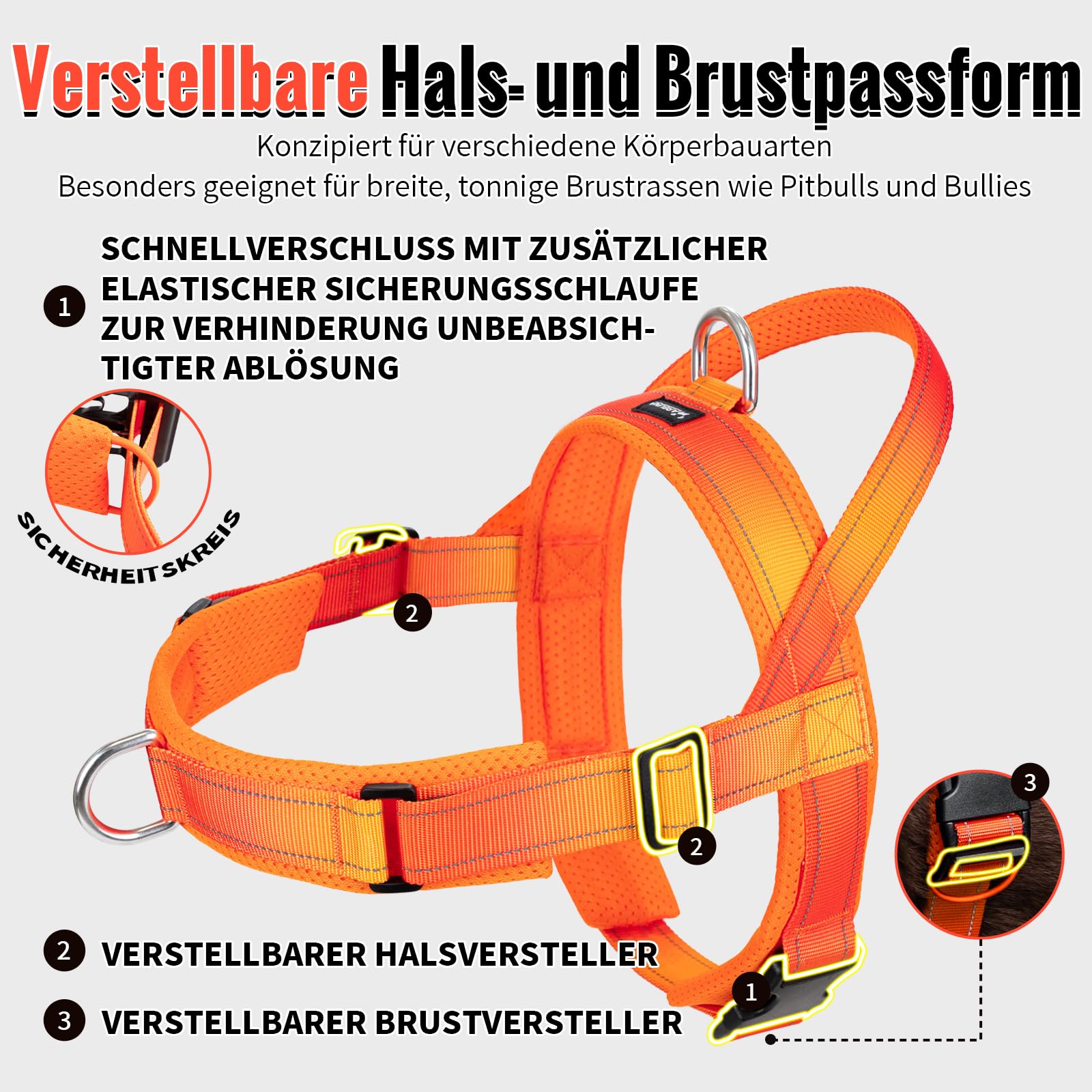 Arblina Hundegeschirr, Anti-Zug Hundegeschirr für Mittelgroße und Große Hunde, T-förmiges Anti Zieh Hundegeschirr mit Reflex, Brustgeschirr Gepolstert für Pitbull, American Bullies, Orange L