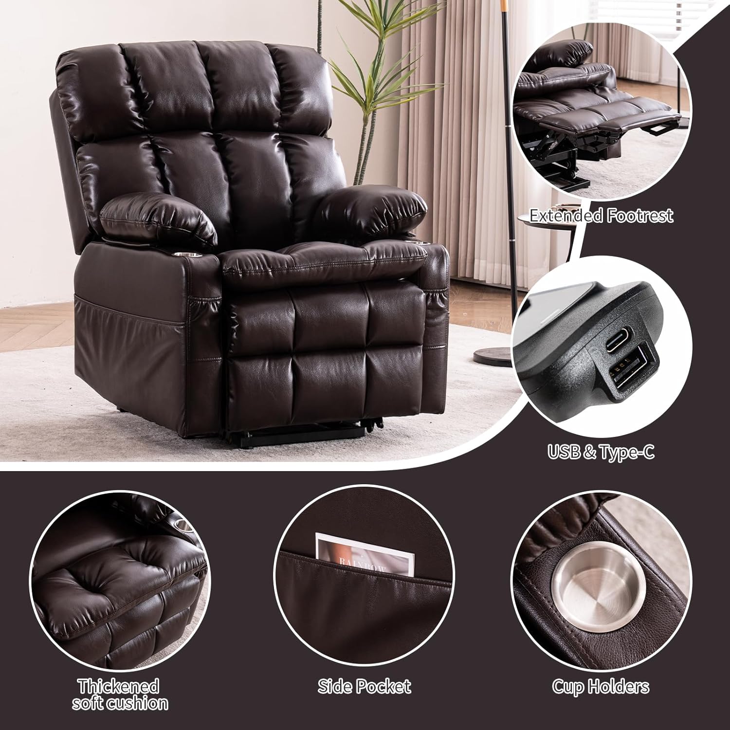 Dual Motor Power Lift Recliner Chair with Adjustable Headrest,Infinite Position for Elderly, Lift Chair with Massage and Heat,Zero Gravity, USB&Type-C, Cup Holders,Faux Leather Brown,Medium
