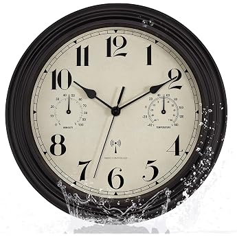 Foxtop Radio Wall Clock Indoor Outdoor Weatherproof Wall Clock with Temperature Display and Hygrometer No Ticking Noise Silent Retro Clock for Patio Bathroom Kitchen Living Room Home Decor