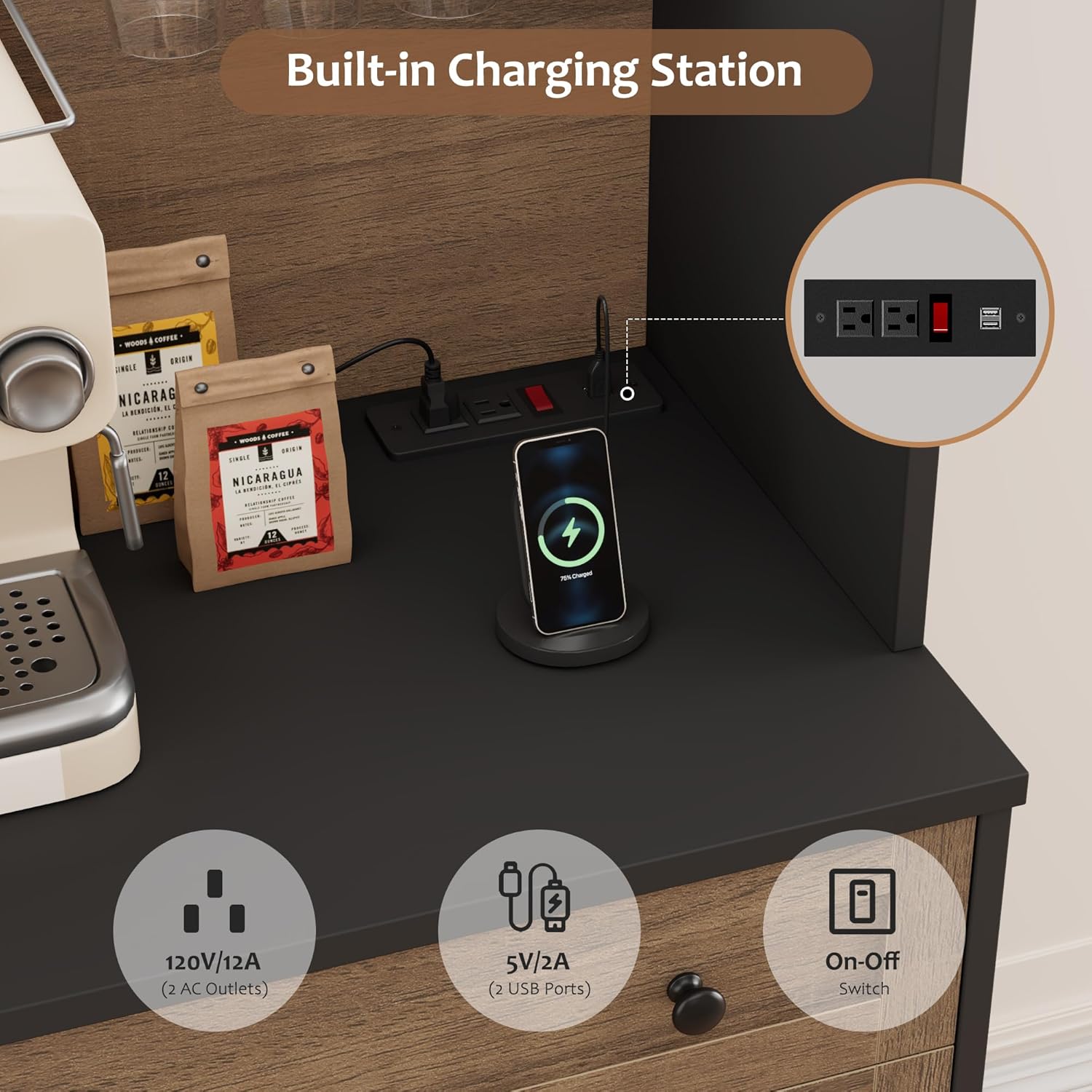 Close-up of the built-in charging station with two AC outlets, two USB ports, and an on-off switch.