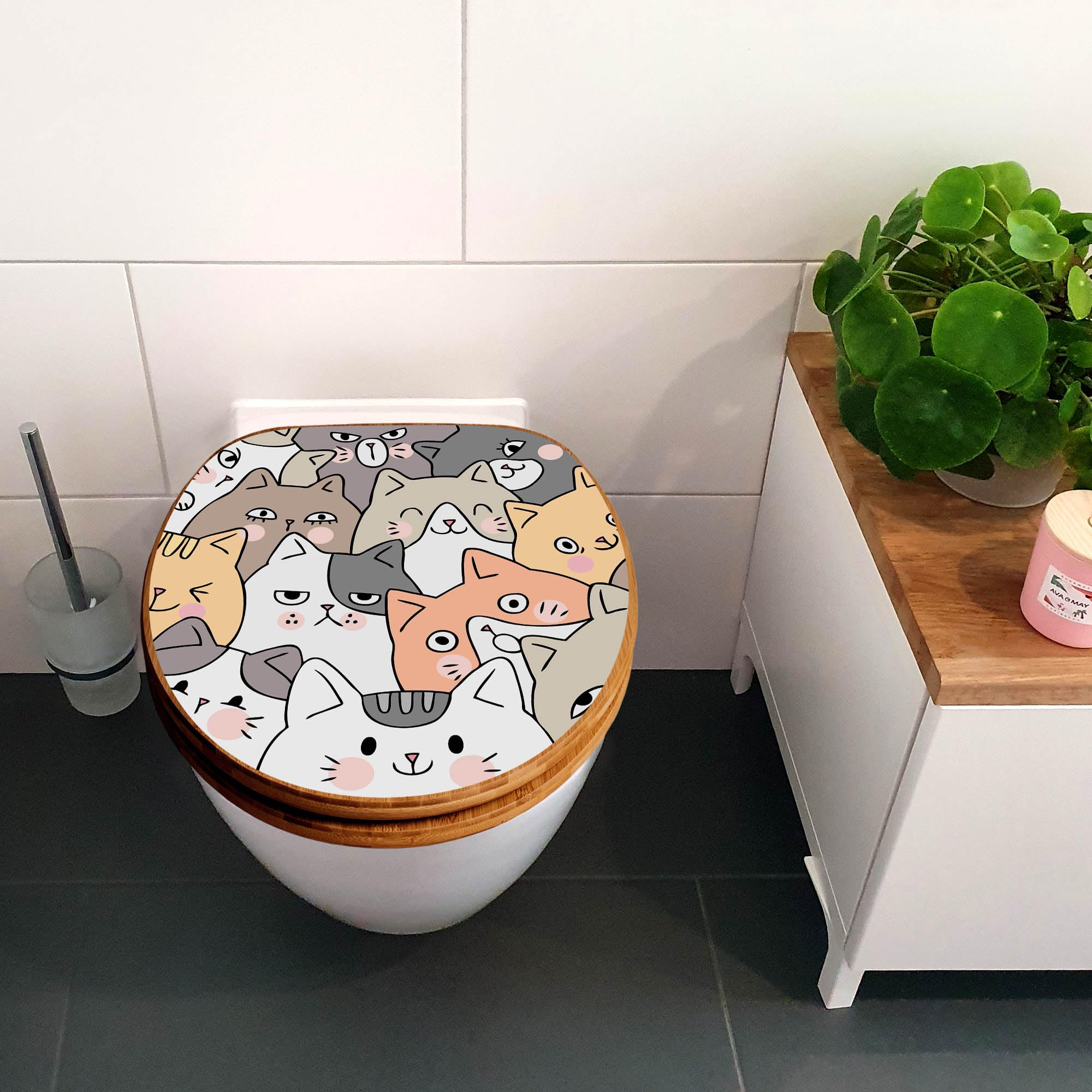 banjado Design WC Sitz Bambus Absenkautomatik 45,8x37,5cm - Toilettendeckel mit Absenkautomatik Holz - hochwertiger Bambus Klodeckel - WC-Sitz für gängigen Toiletten - Motiv Katzen Gruppe neugierig