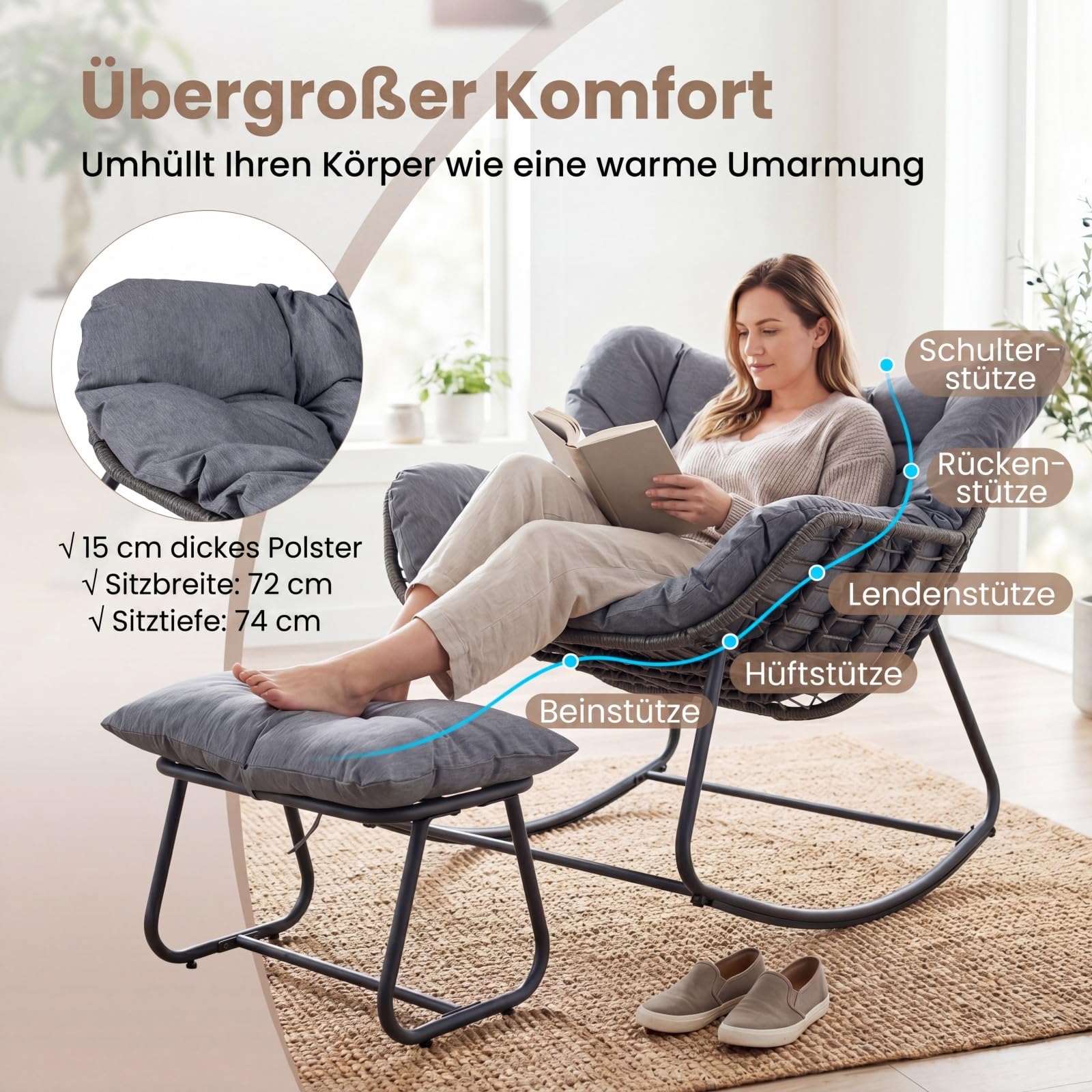 COSTWAY Schaukelstuhl mit Hocker, übergroßer Schaukelsessel mit dickem & abnehmbarem Kissen, Relaxsessel bis 150 kg belastbar, für Balkon, Garten und Wohnzimmer (Grau)