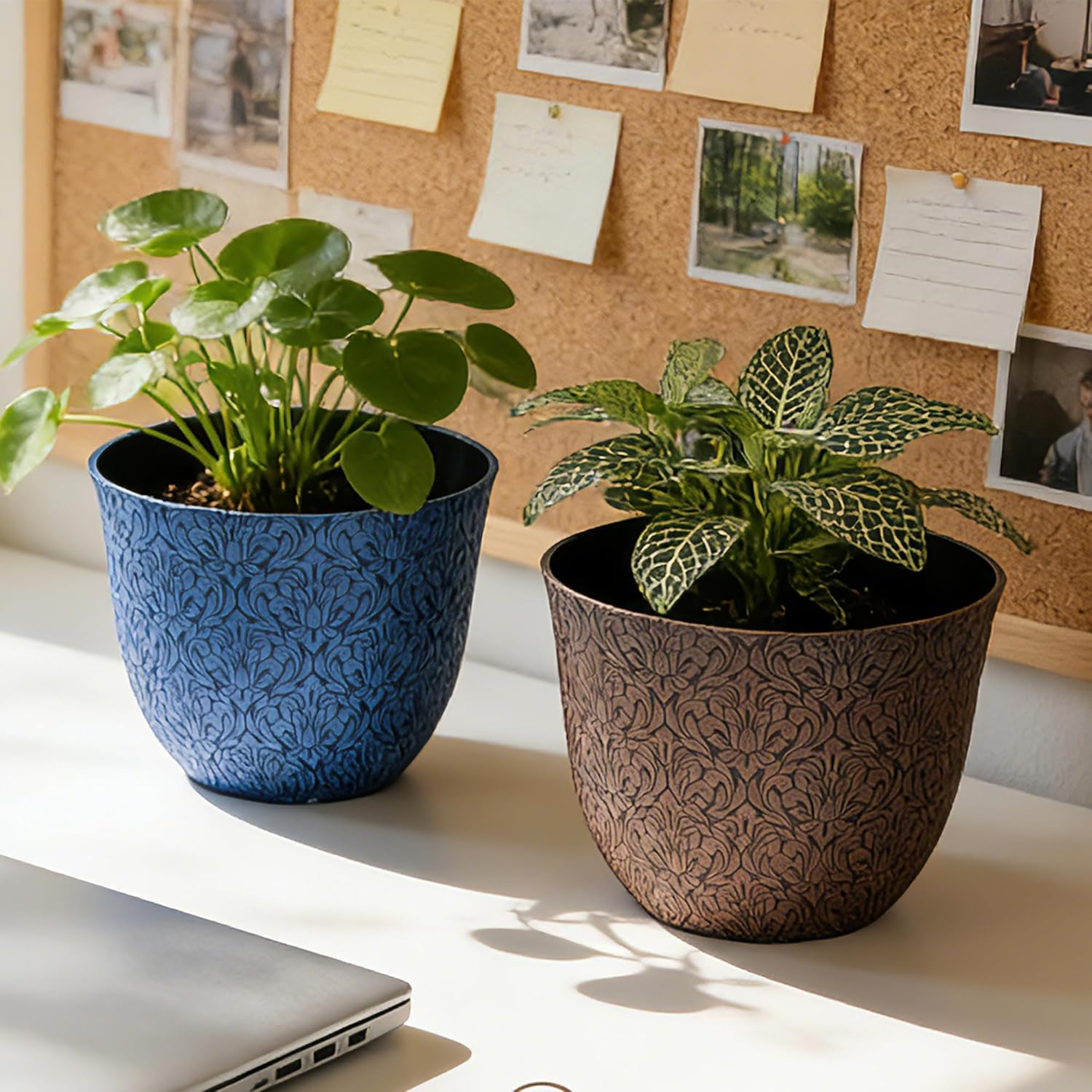 Worth Garden Plastic Round 8" Plant Pots for Indoor Plants - Set of 6 Multicolor Small Flower Pots W/Drainage Hole and Rubber Plug - Home Christmas Decorative planters Retro Floral Pattern