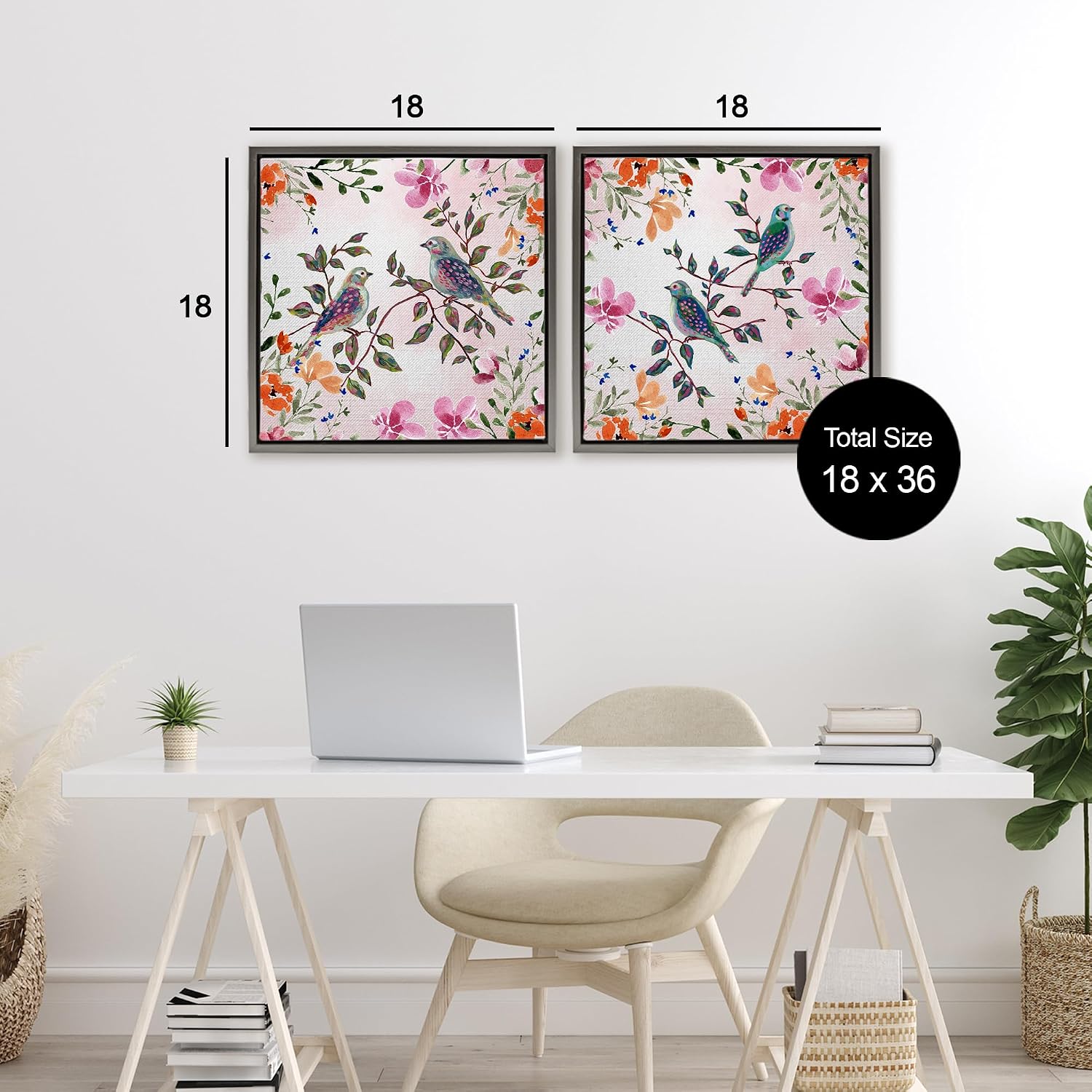 Bird Pairs Country Florals, 17 x 17 Inch Canvas in Floater Frame Set
