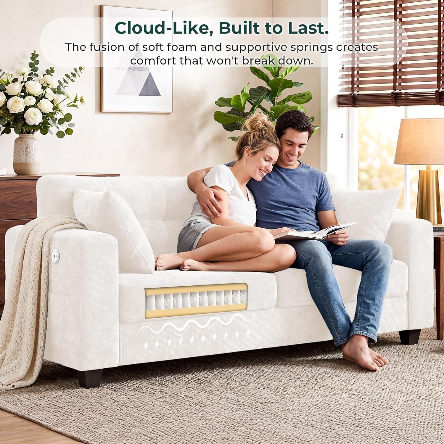 70" Loveseat Sofa for Living Room, Modern Chenille Cloud Couch with USB/Type-C Charging Ports, Side Pockets, Removable Cover, Wide Armrests, Small Couch for Small Space, Easy Assembly, Beige