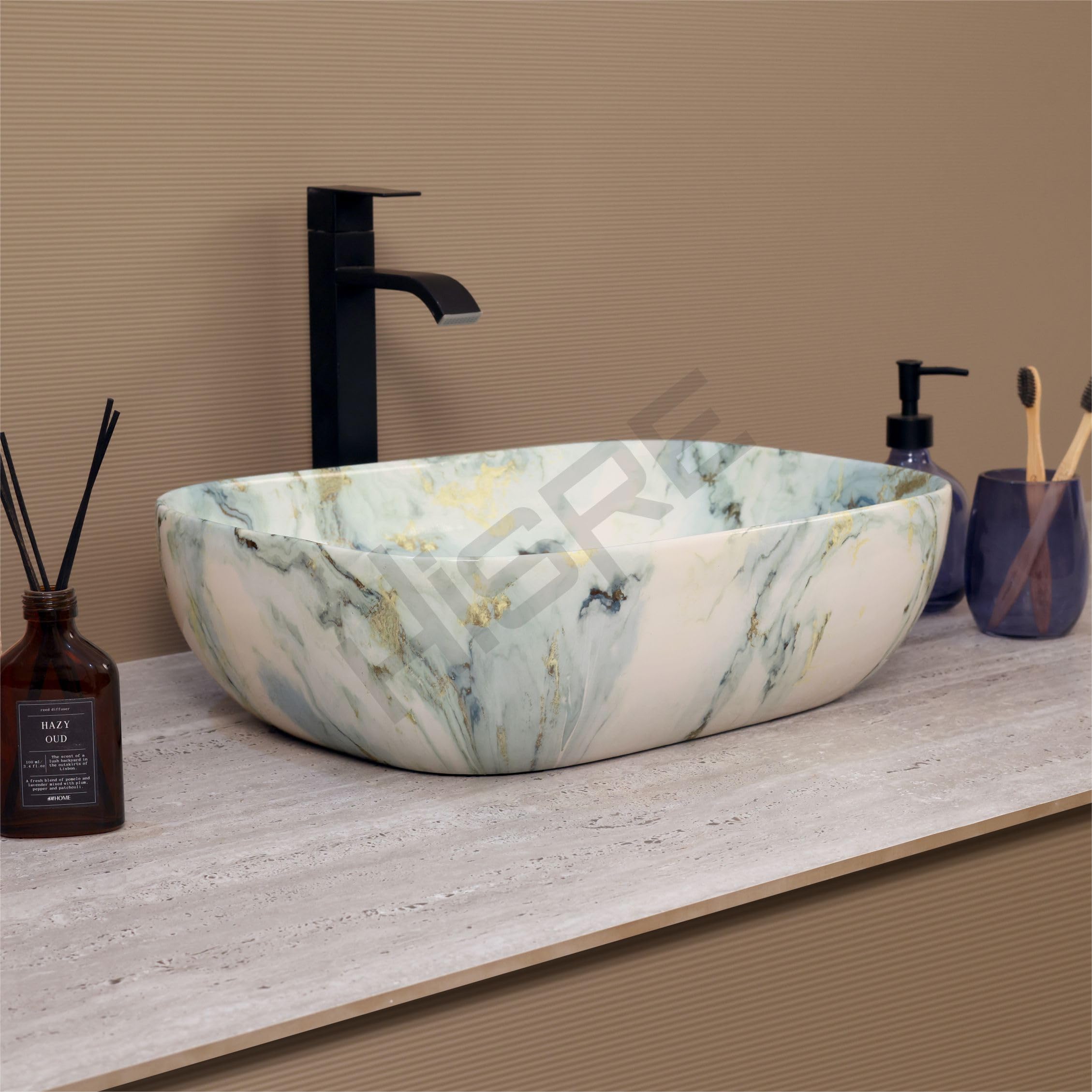HISRE Table Top Wash Basin For Bathroom | Over Counter Top Wash Basin For Living Room | Washbasin Countertop | Tabletop Ceramic Bathroom Kitchen Sink (45 x 33 x 13 CM) (White - SKTP1048)