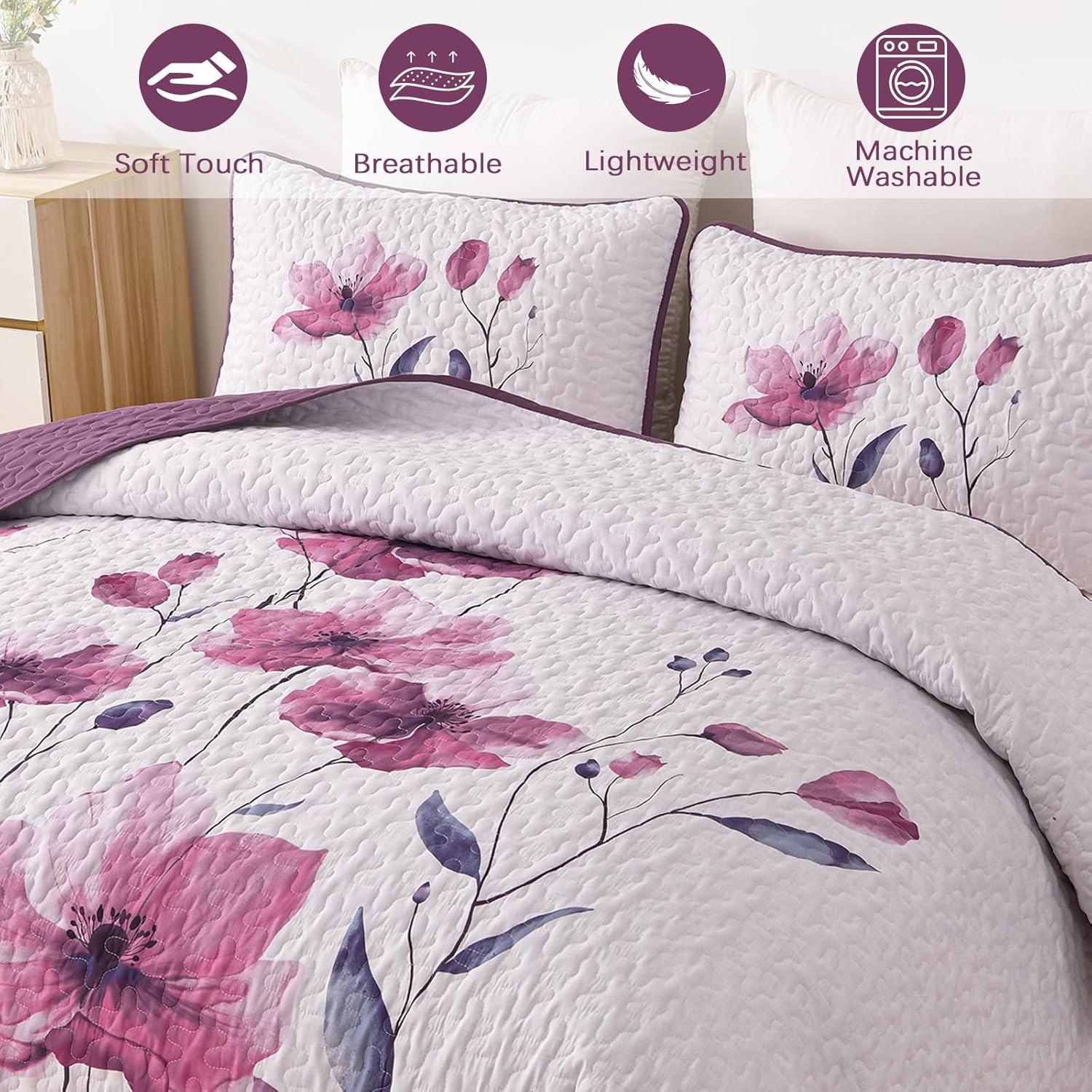 Mybedsoul Floral Quilt Set Queen Size, 3 Pieces Rose Pink Bedspread Coverlet Set, Lightweight Farmhouse Botanical Bedding Set for Fall Winter All Season(96"x90")