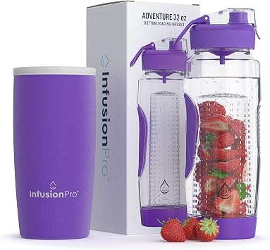 Infusion Pro 32oz Fruit Infuser Water Bottle Insulated Sleeve 50 Recipes Fruit Infusion Water E-Book Bottom Loading Large Water Infuser More Flavor Unique Gift Idea for Women