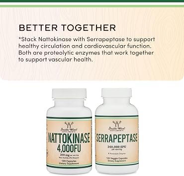Nattokinase Supplement 4,000 FU Servings, 120 Capsules (Derived from Japanese Natto) Systemic Enzymes for Cardiovascular and Circulatory Support by Double Wood