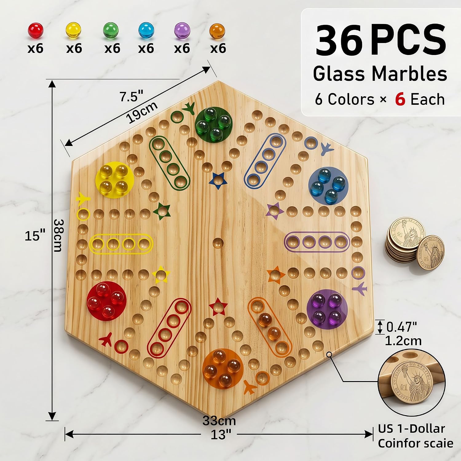 Wooden Marble Board Game Set,13-Inch Double-Sided Hexagon Board for Chinese Checkers and Fast Track Wahoo Game,Premium Solid Wood with Dice and Playing Cards,Family Fun for 2-6 Players