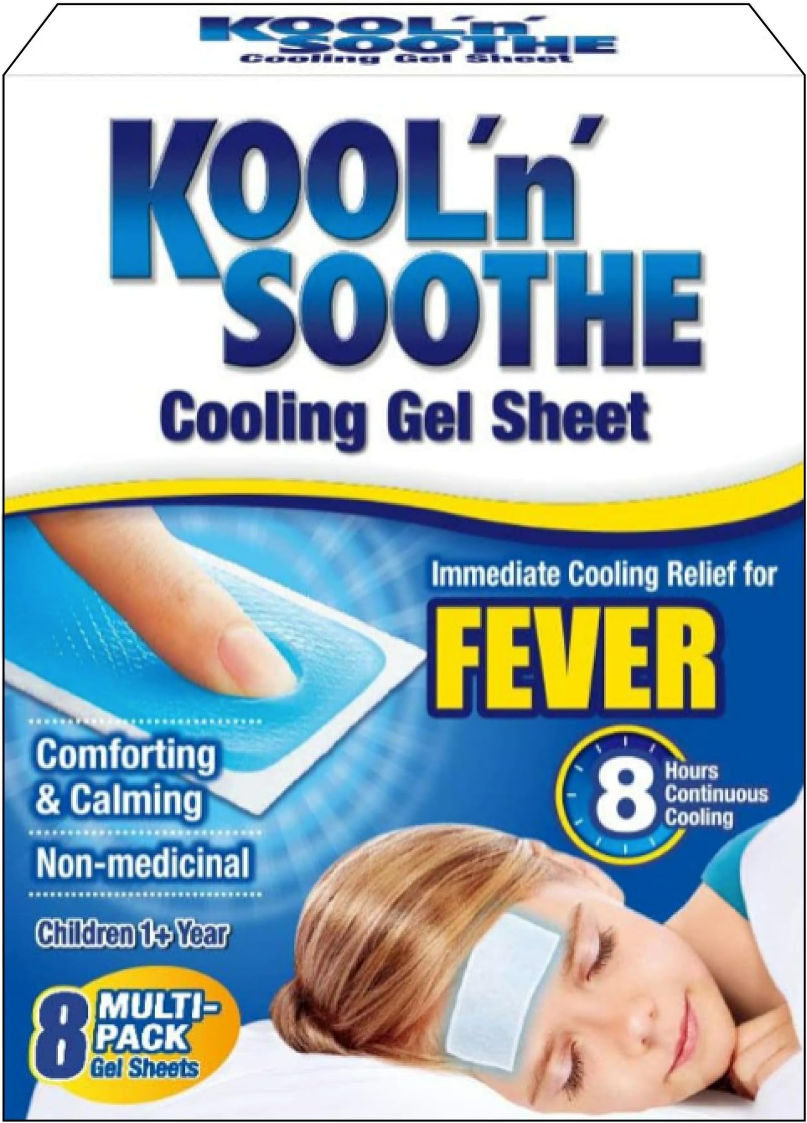 KOOL 'N' SOOTHE Fever Cooling Gel Sheets/Family Pack - 8 Pack/Children 1+ Year/Immediate Cooling Relief for Fever