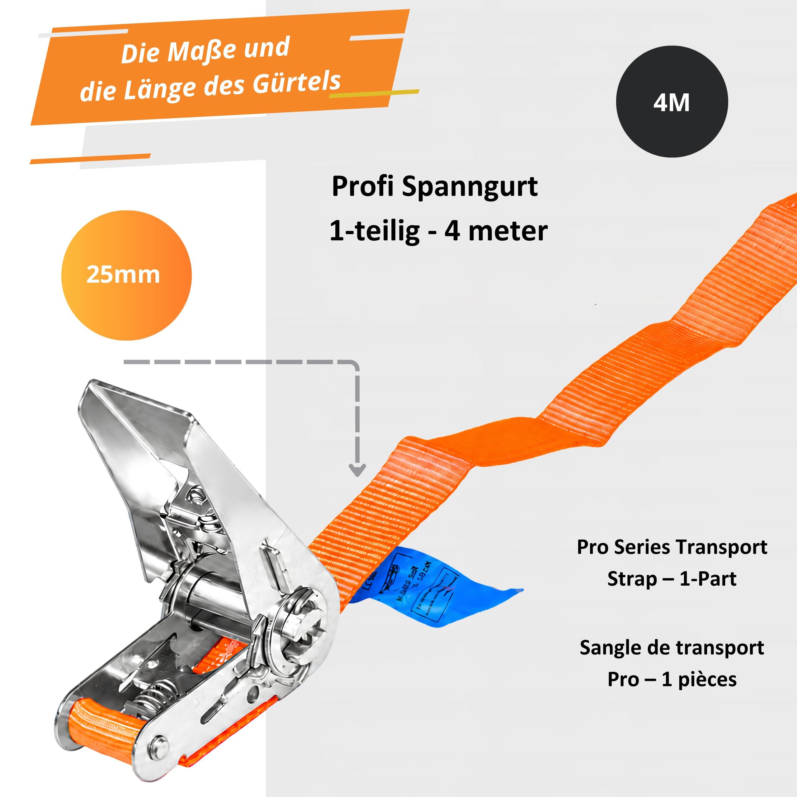 INTAKO 10 Stück Spanngurte mit Ratsche – Spanngurt 800kg 25mm 1-teilig – 4m/6m Grün (Ergolash) oder Orange – Zurrgurte Motorrad (Orange, 4m (10 Stück))