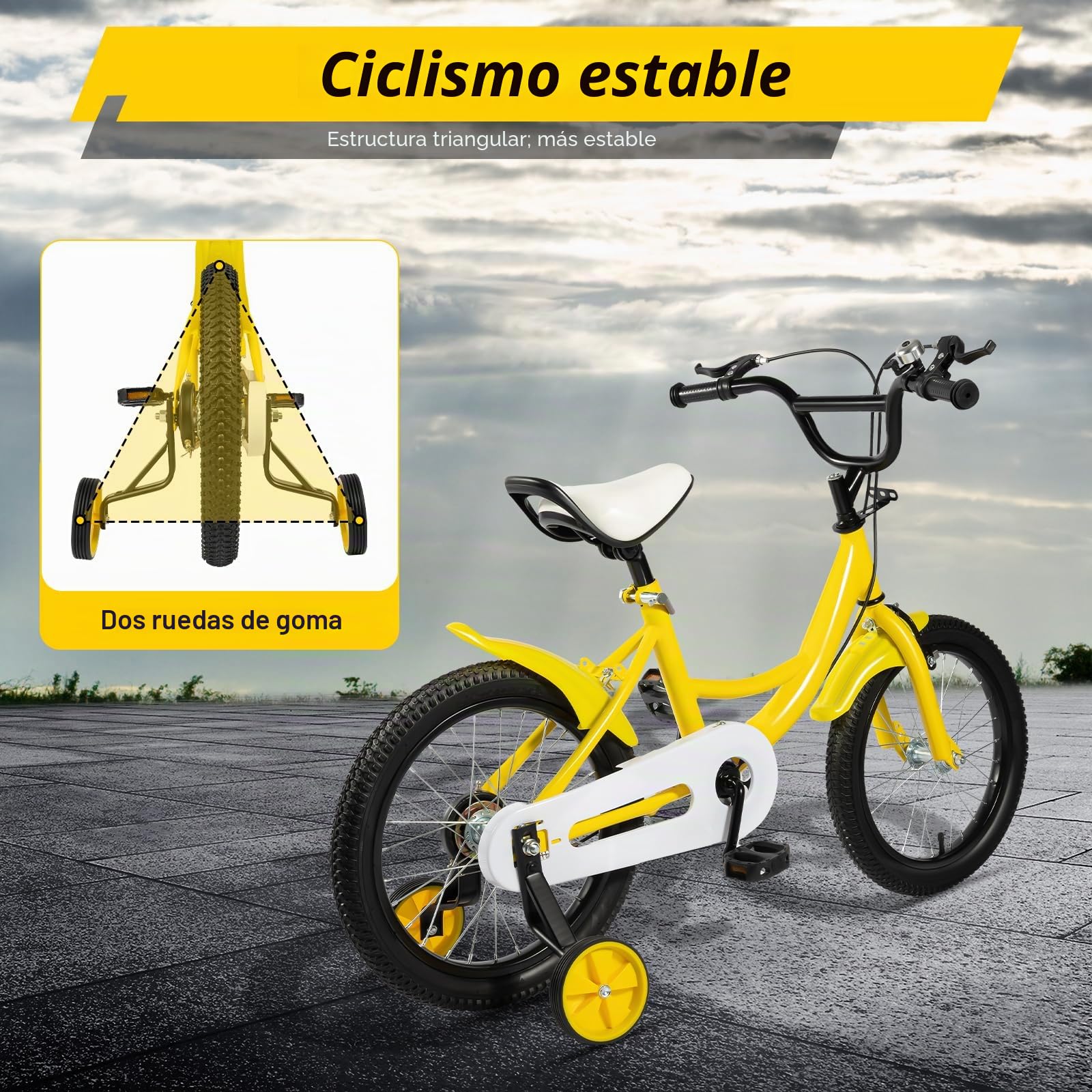 Bicicleta infantil de 16 pulgadas, universal, para niños y niñas, ajustable con guardabarros y cubierta de cadena, neumáticos amortiguadores, amarillo, acero al carbono, a partir de 5-8 años