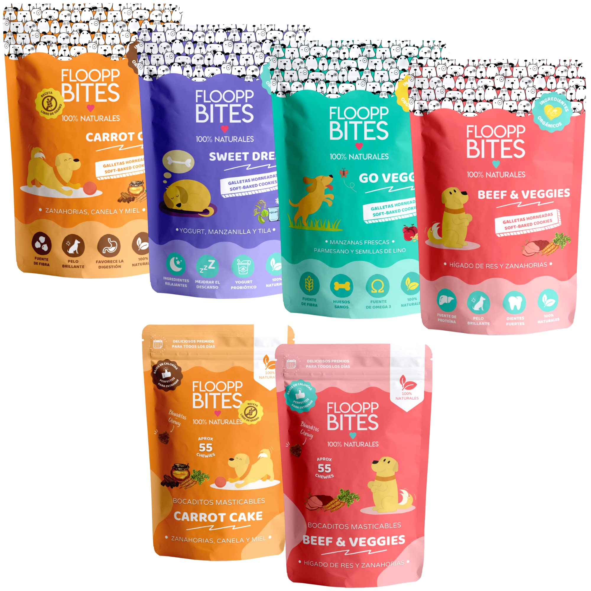 FlooppBITES Snack Perro 100% Naturales - Chuches, Premios, Golosinas Perro - Mix Pack Galleta Crujiente con Bocaditos Masticables - Sabores Mixtos - Total 500gr